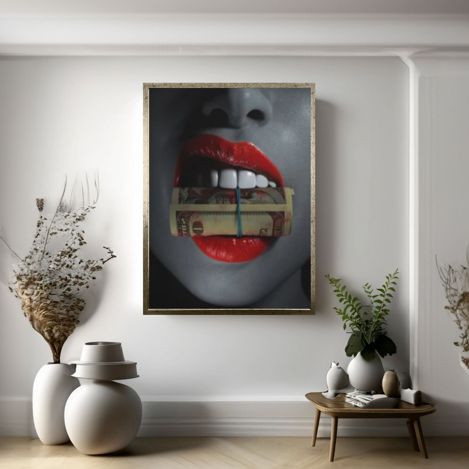 Red Lips Canvas Wall Art, Smoking Woman Room Decor, Money Cigar Between Lips Wall Hangings - Y Canvas