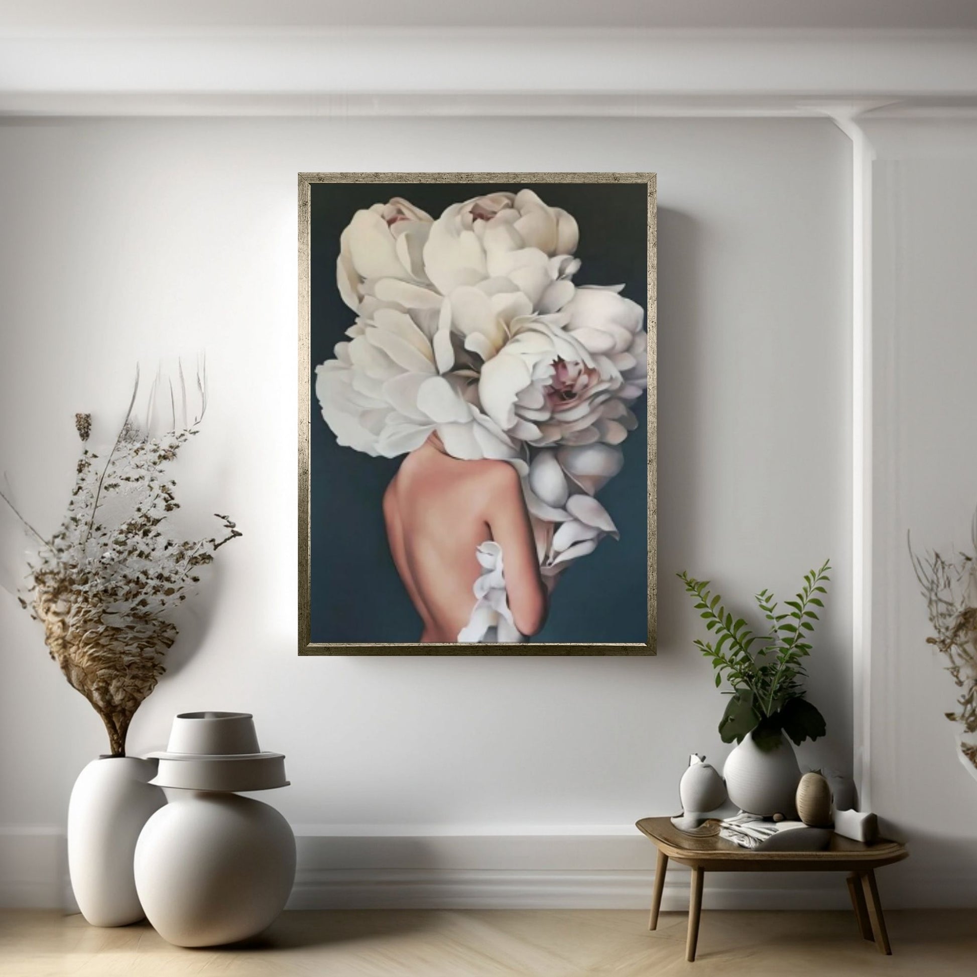 White Rose And Woman Canvas Art, Fashion Wall Art, Flower Head Woman Wall Art - Y Canvas