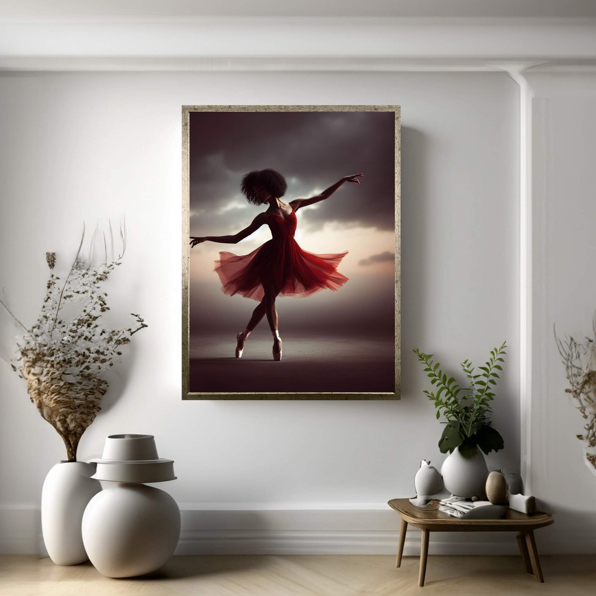 African Black Woman Ballerina in Red Dress Canvas Wall Art Home Decor - Y Canvas