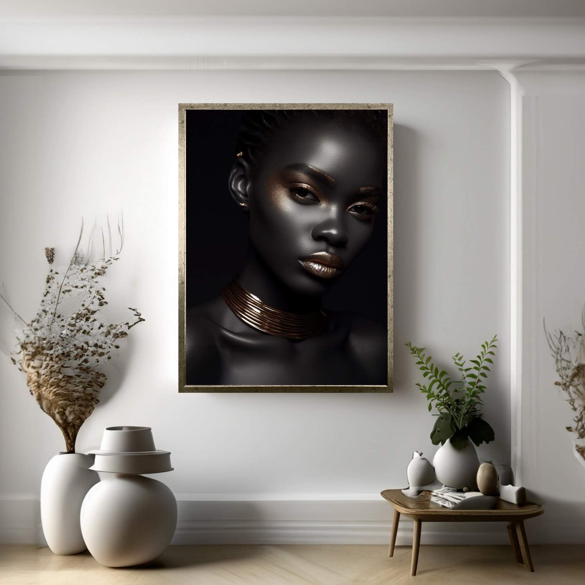 African Black Woman Gold Make-up Canvas Portrait Canvas Wall Art - Y Canvas