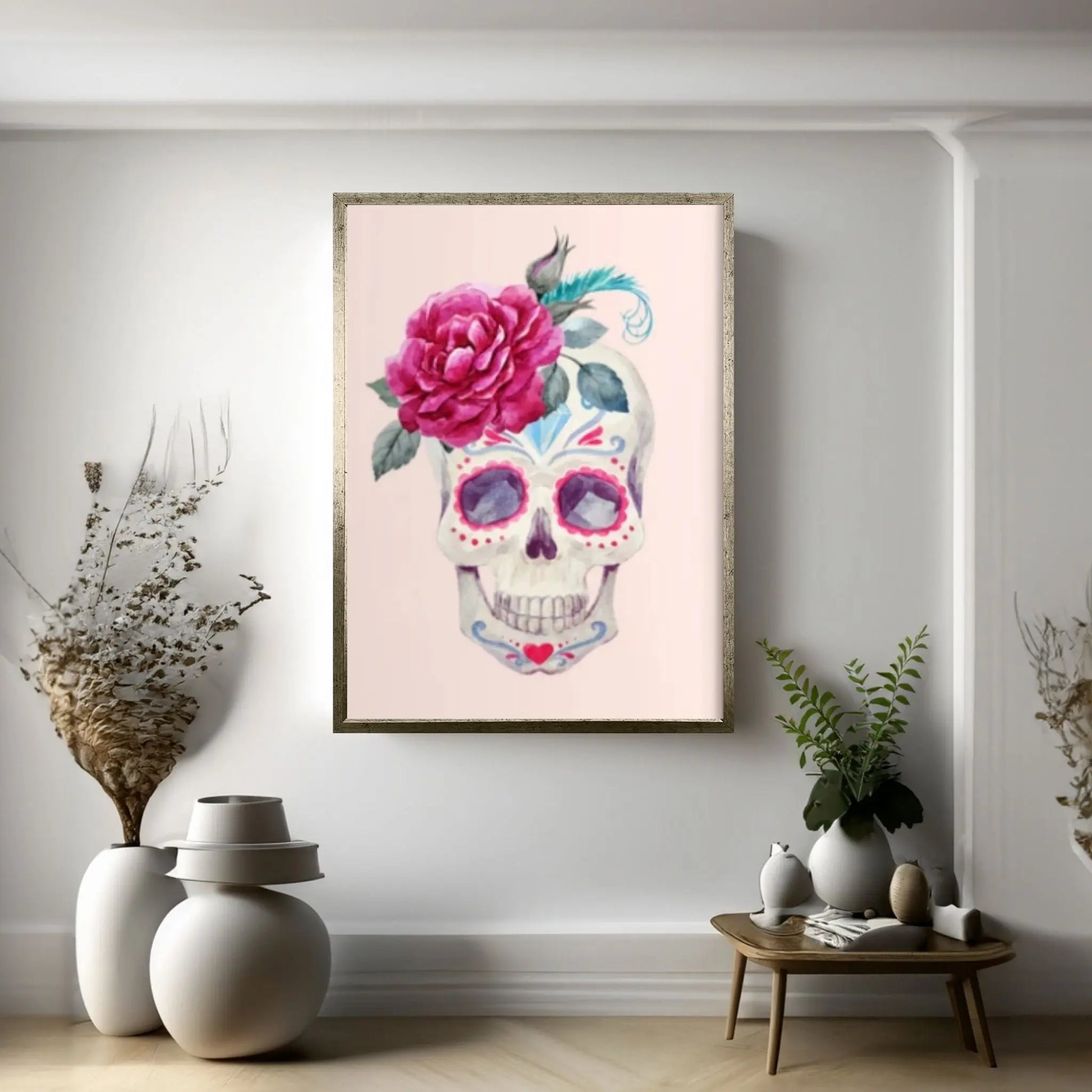 Flower Skull Canvas Print, Floral Skull Canvas Art Gothic Floral Sugar Skull Canvas Art, Boho Skull Canvas Wall Art Gift, - Y Canvas