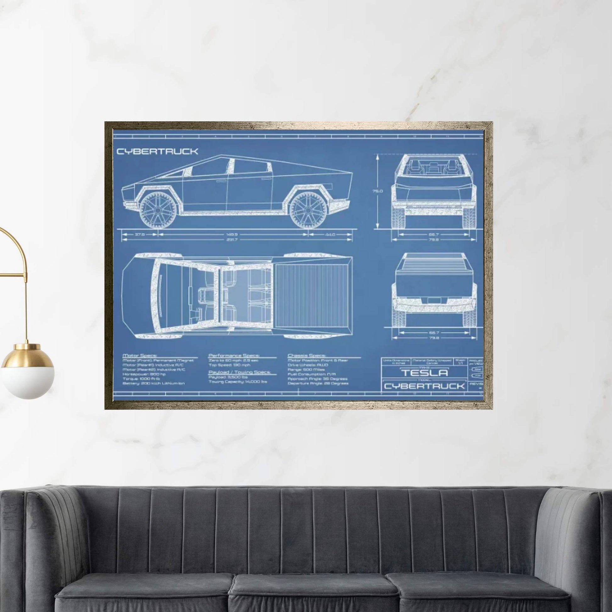 Tesla Cybertruck (2020-2022) Blueprint Canvas Wall Art - Y Canvas