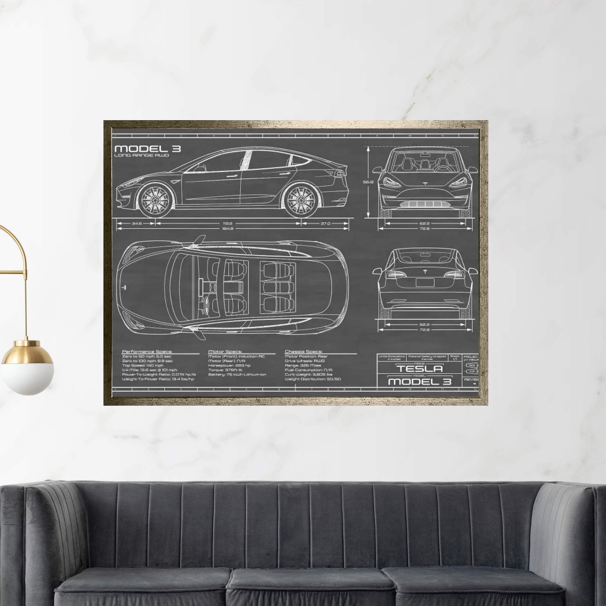 Tesla Model 3 (Long Range RWD) Black Canvas Wall Art - Y Canvas