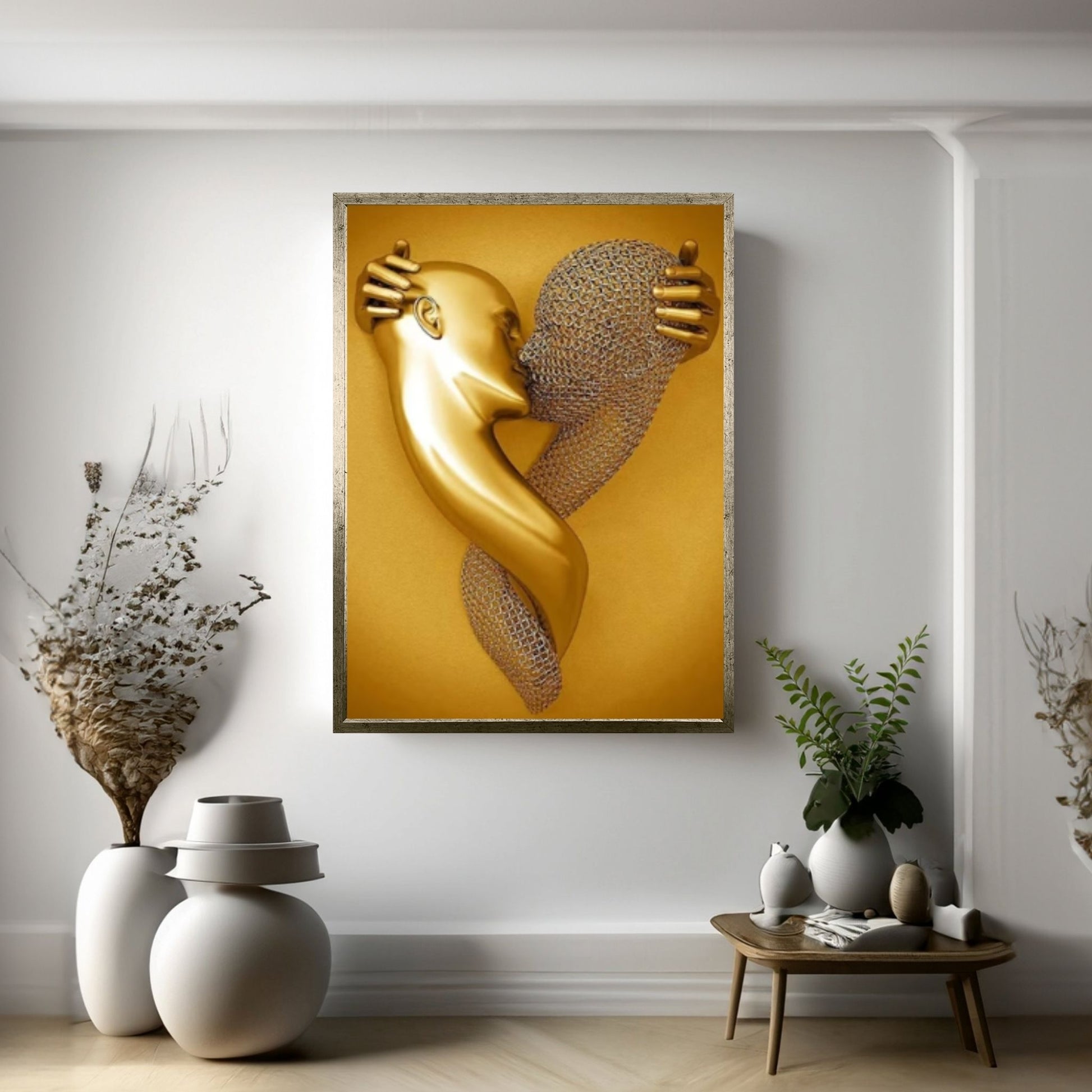 Couple Kissing Canvas Wall Art Gold Modern Stunning Wall Decor, Love heart Wall Art - Y Canvas