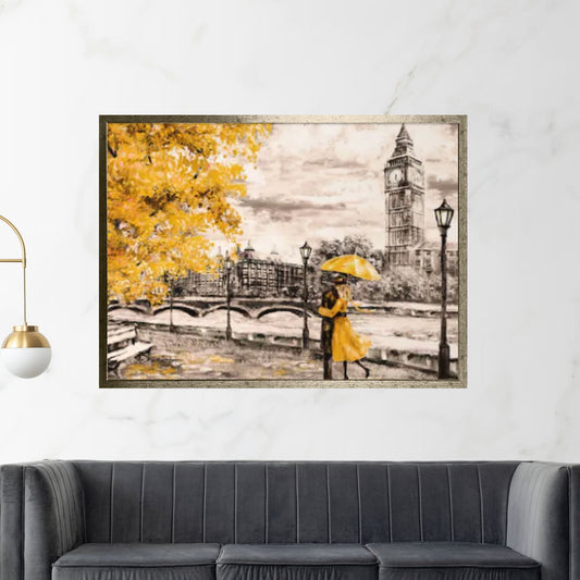 England Bridge illustration Man and woman under Yellow umbrella photo, London street Oil painting Canvas Wall Art - Y Canvas