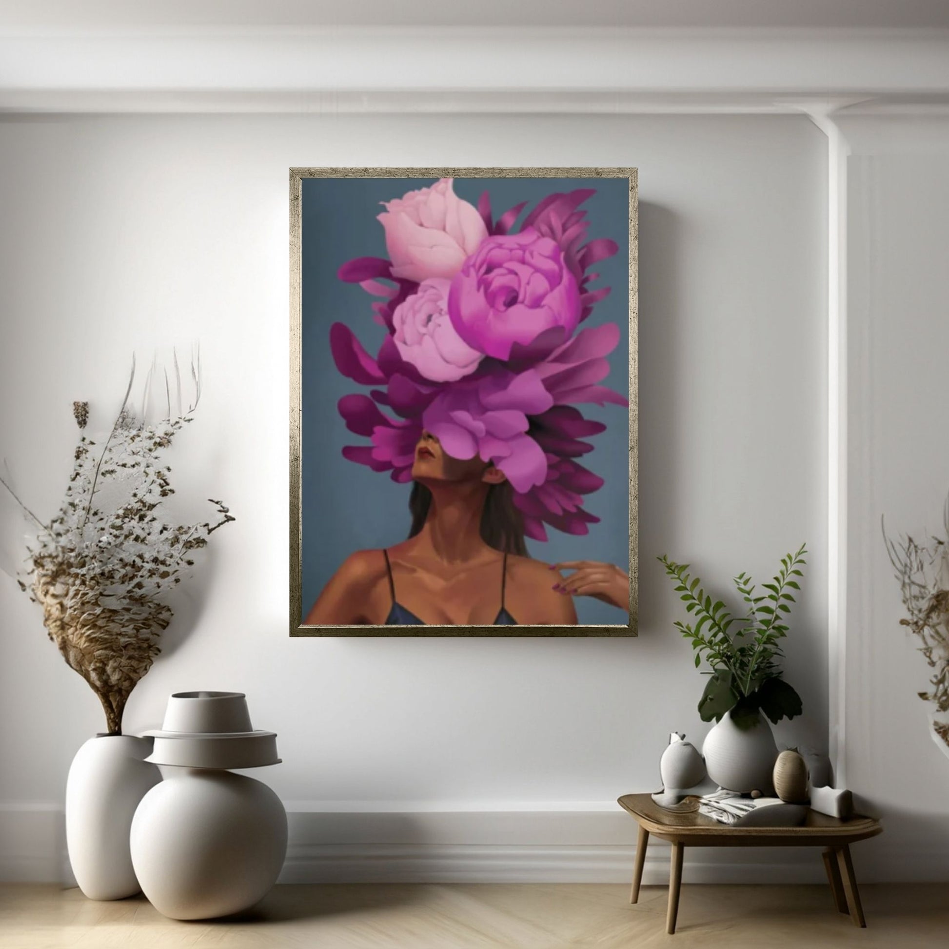 Purple Floral Woman Canvas Art, Blue Bird And Woman Wall Art, Woman with Flower and Bird Head - Y Canvas