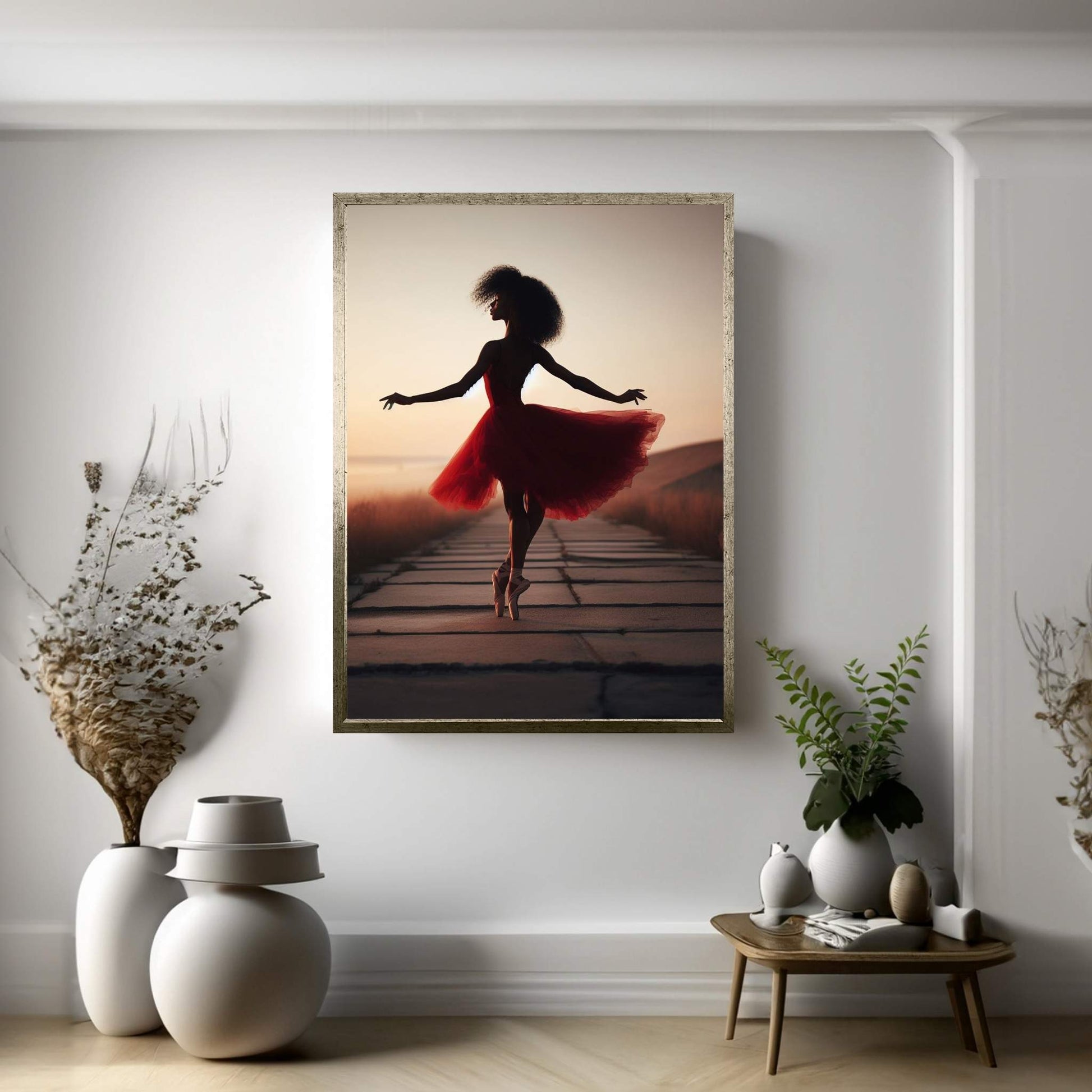 African Black Woman Ballerina in Red Dress Canvas Wall Art Home Decor - Y Canvas