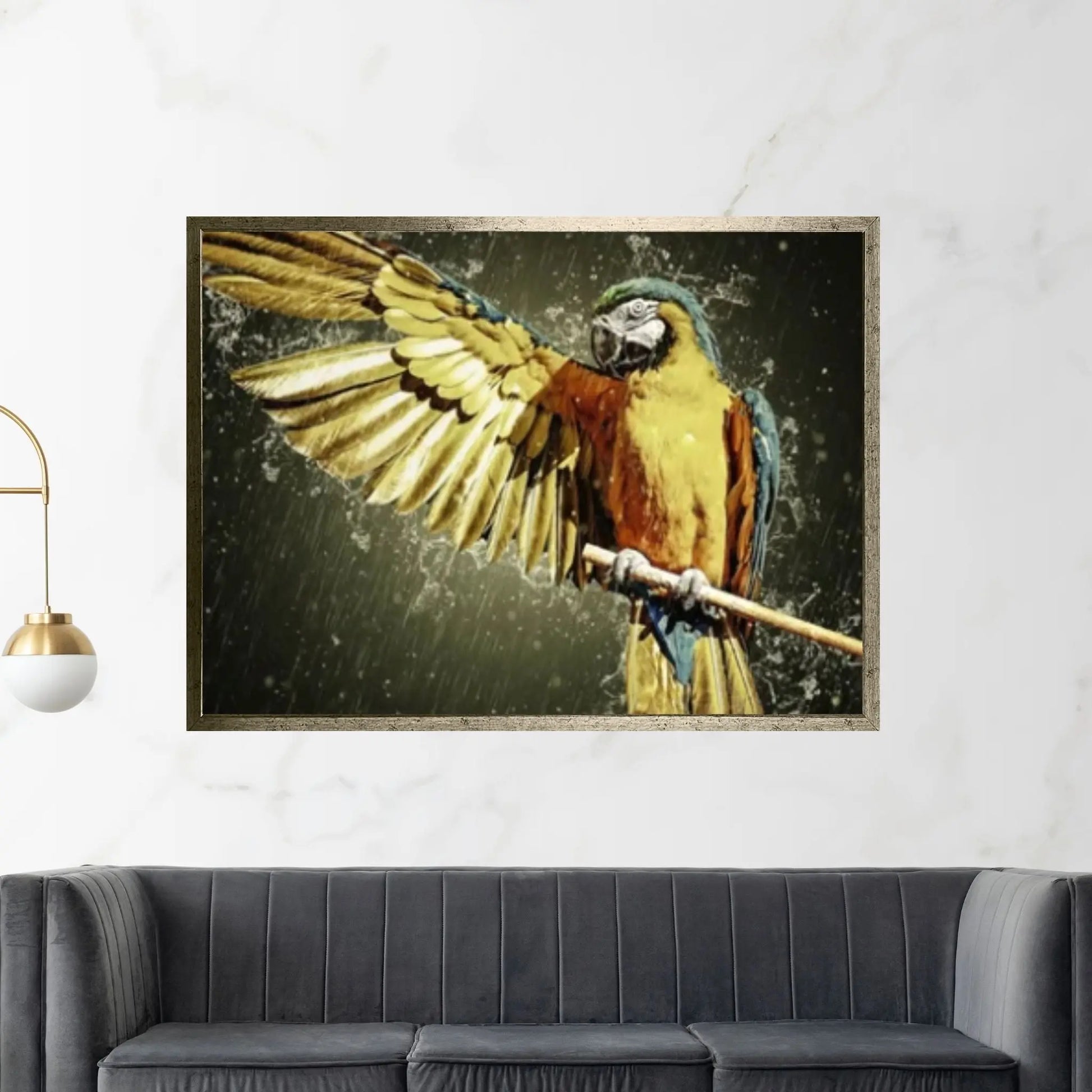 Yellow Colored Parrot Getting Wet in the Rain Canvas Wall Art, Animal Kingdom Poster - Y Canvas