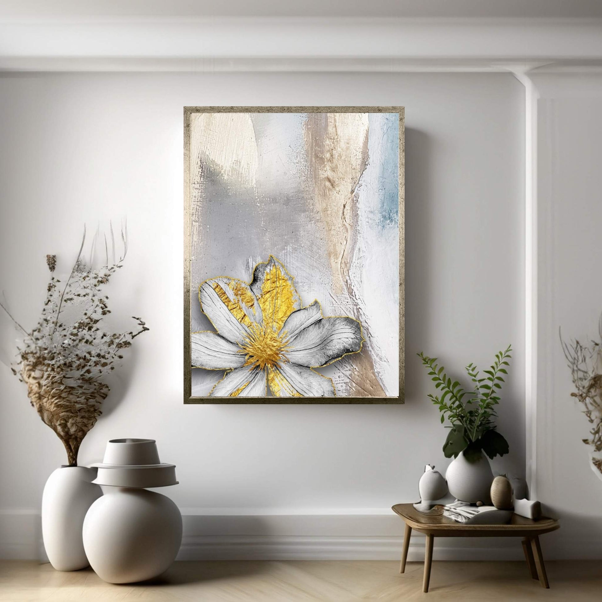 White Flower with Gold Detail Modern Abstract Canvas Wall Art - Y Canvas