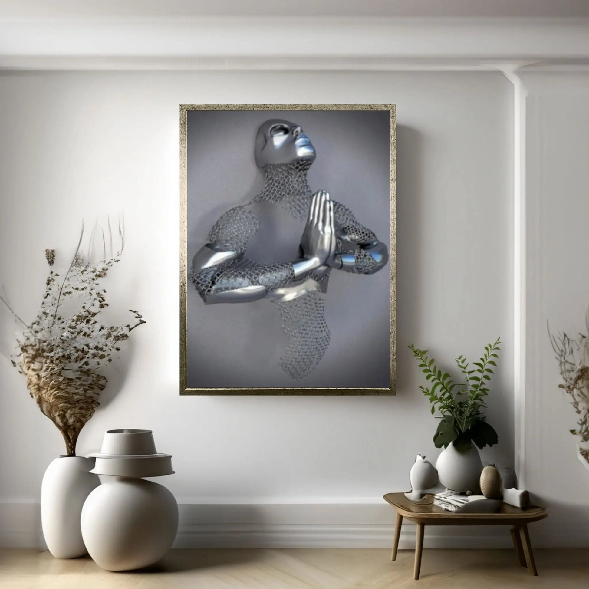 Praying Chain Grey Art Print on Canvas, Metallic Wall Art Canvas - Y Canvas