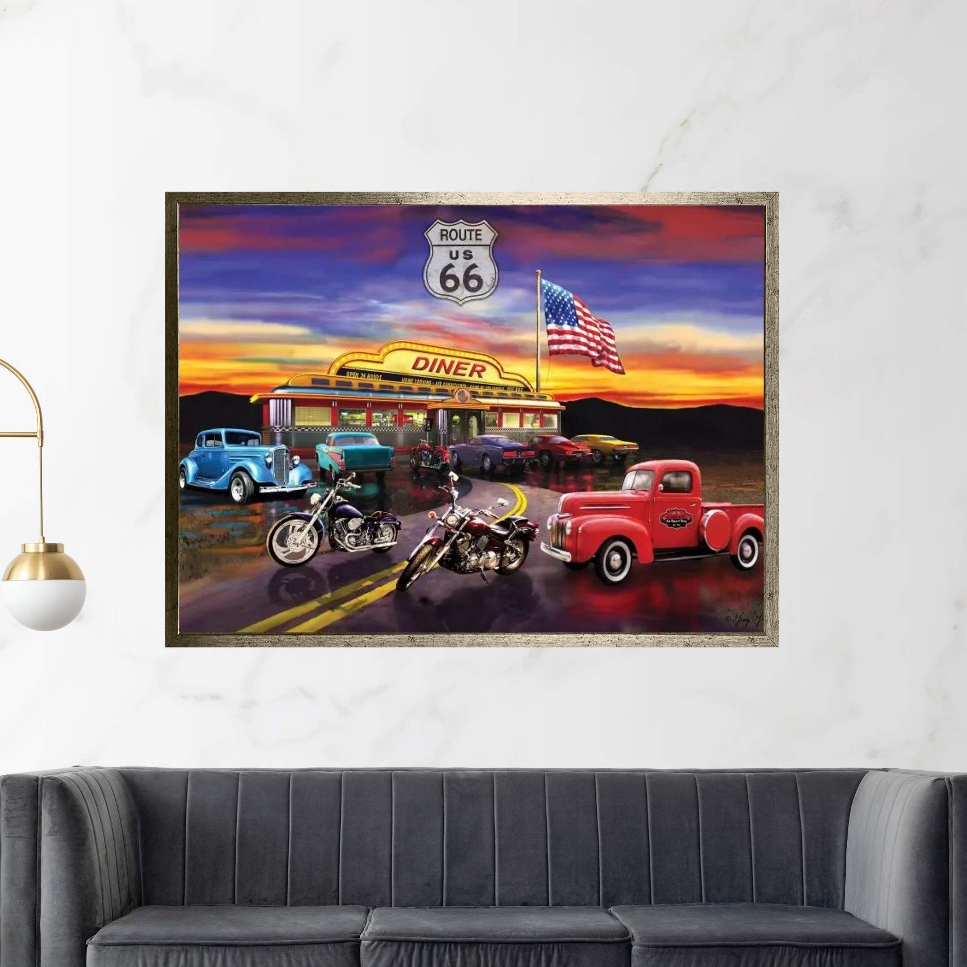 Nostalgic America Diner And Cars Canvas Wall Art - Y Canvas