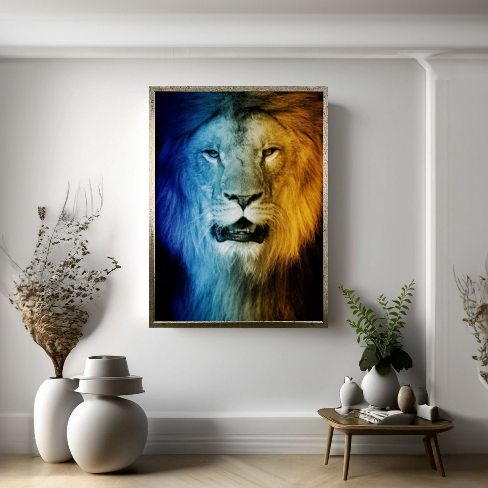 African Lion Canvas Wall Art, Black and white blue eyes lion Canvas Print - Y Canvas