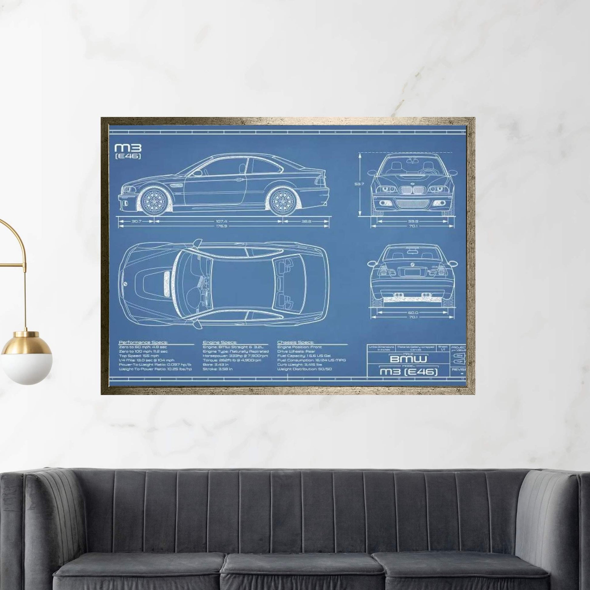 BMW M3 (E46) Blueprint Canvas Wall Art - Y Canvas