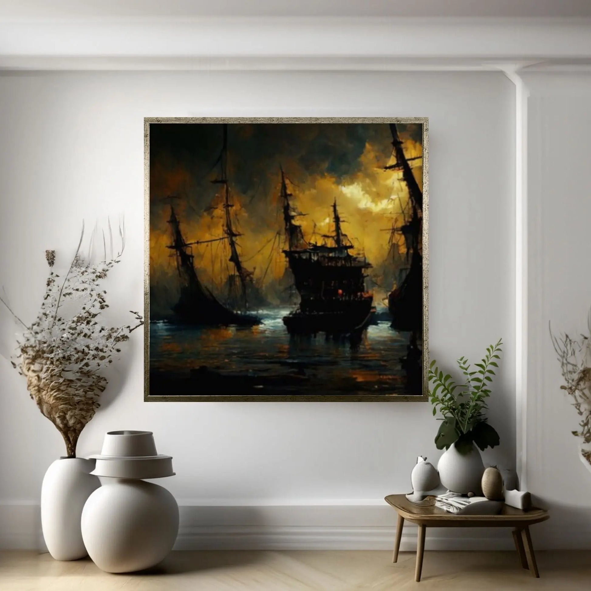 Large Dark Sea Pirates Ship Canvas Wall Art, Pirates Canvas Wall Print, Corsair on Sea Wall Hangings, Dark Colours Boat Room Decor - Y Canvas