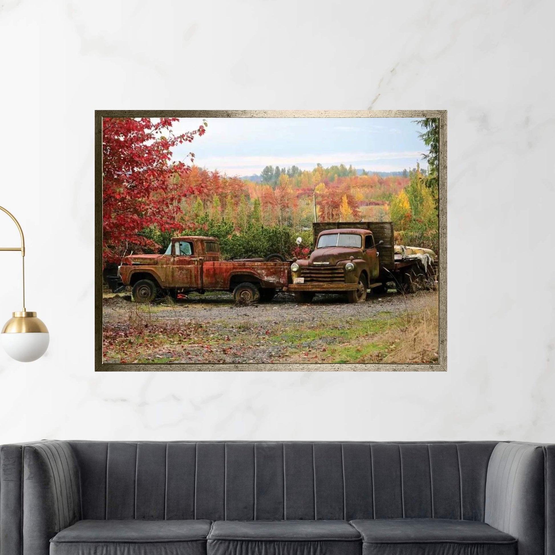 Two Autumn Vintage Trucks Canvas Wall Art - Y Canvas