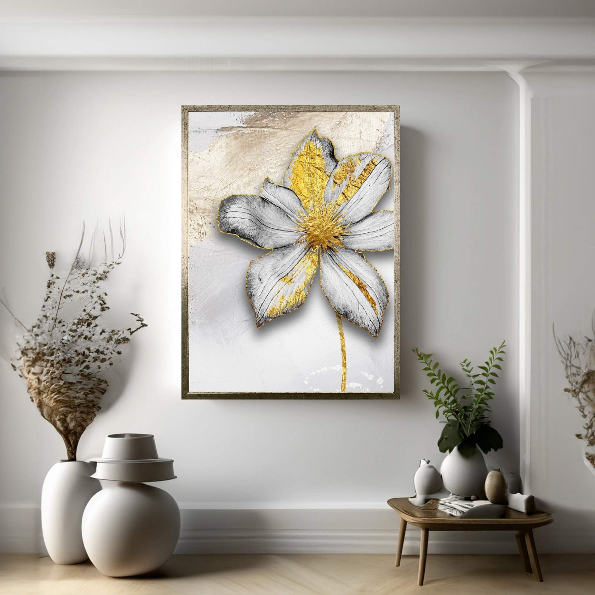 White Flower with Gold Detail Modern Abstract Canvas Wall Art - Y Canvas