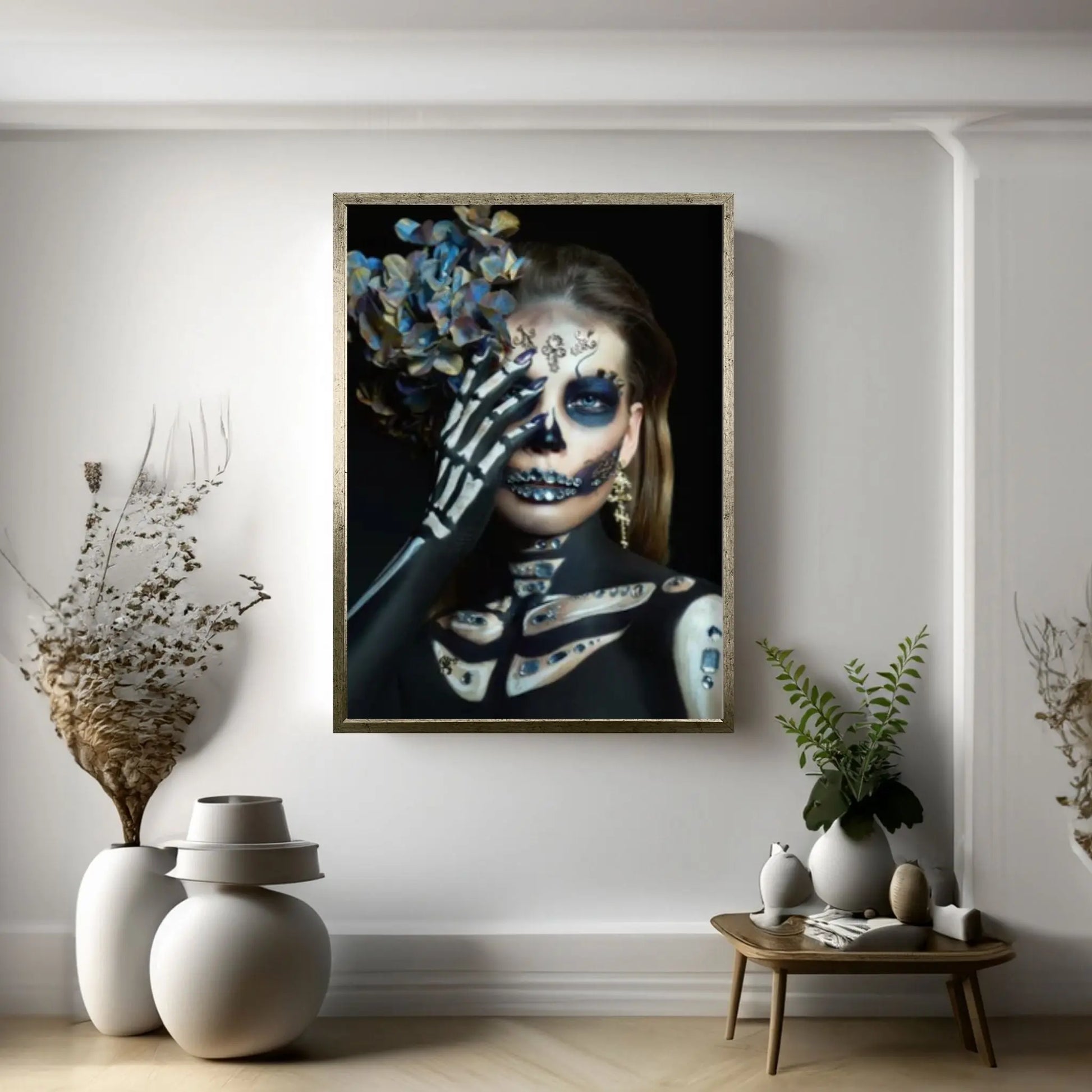 Thoughtful Skeleton Skull Woman Halloween Canvas, Wall Art Canvas Design - Y Canvas