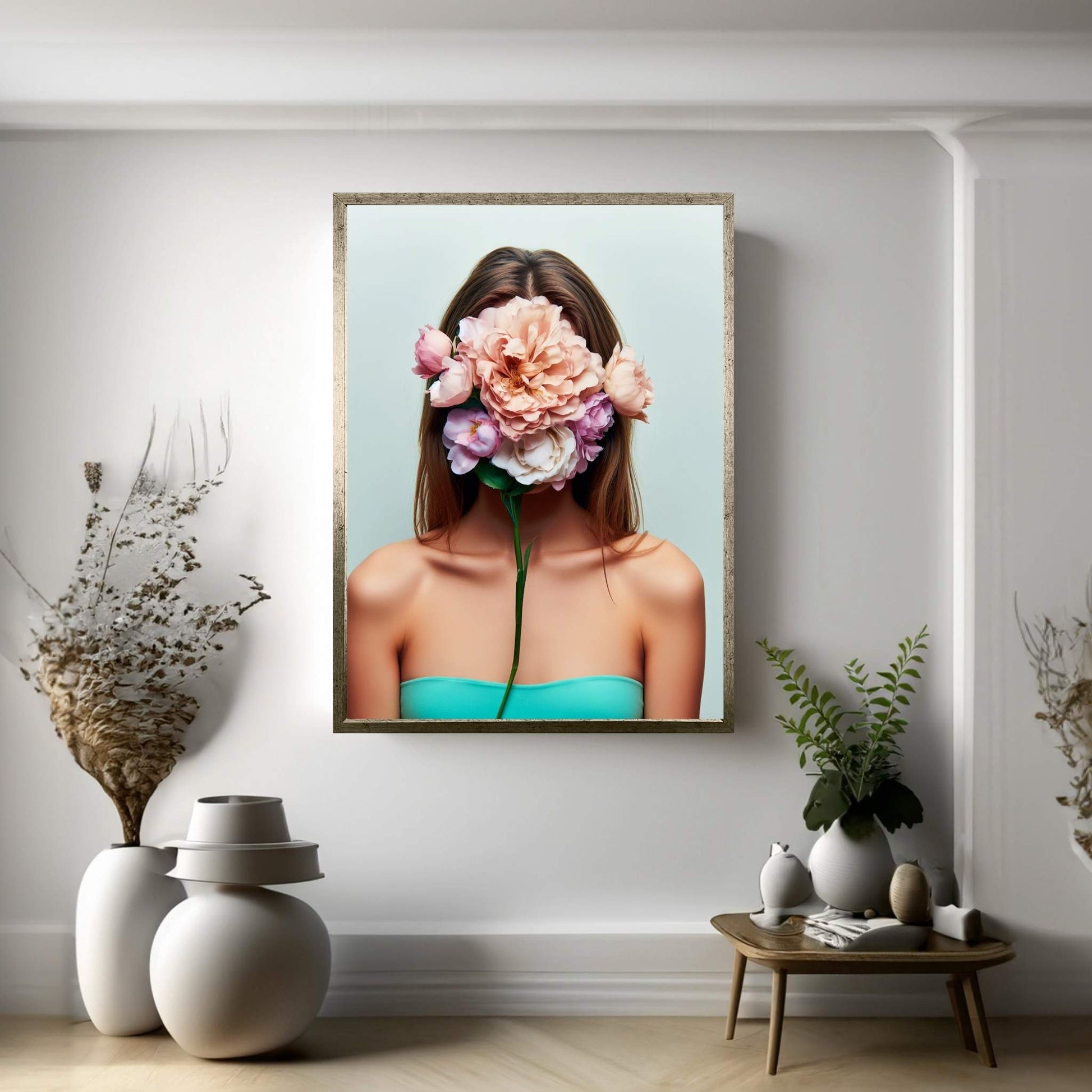 Woman Portrait Flower Head Canvas Wall Art - Y Canvas