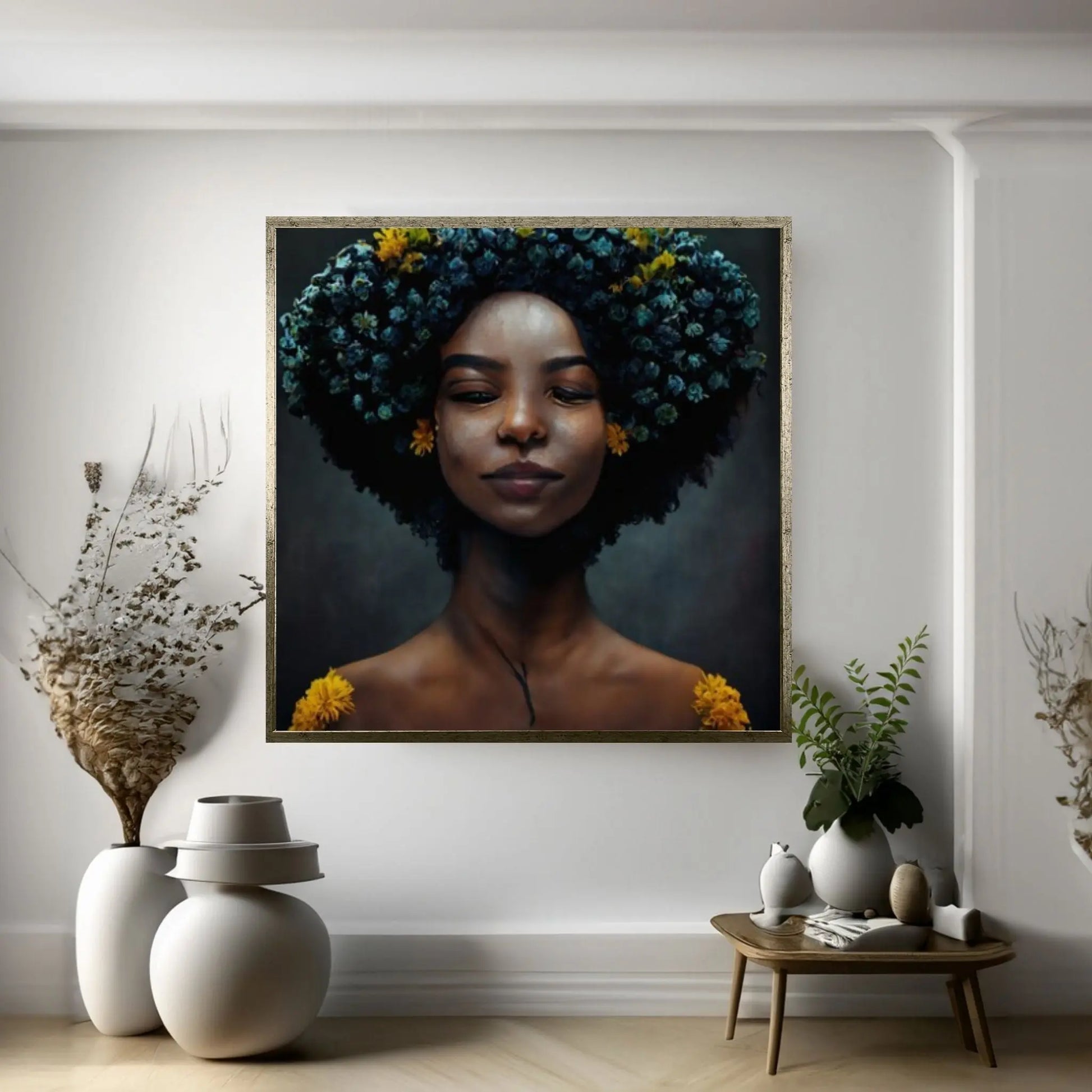 Black woman head flowers Canvas wall art,Black art, Black girl print, flower woman painting, Girl Flowers Poster - Y Canvas