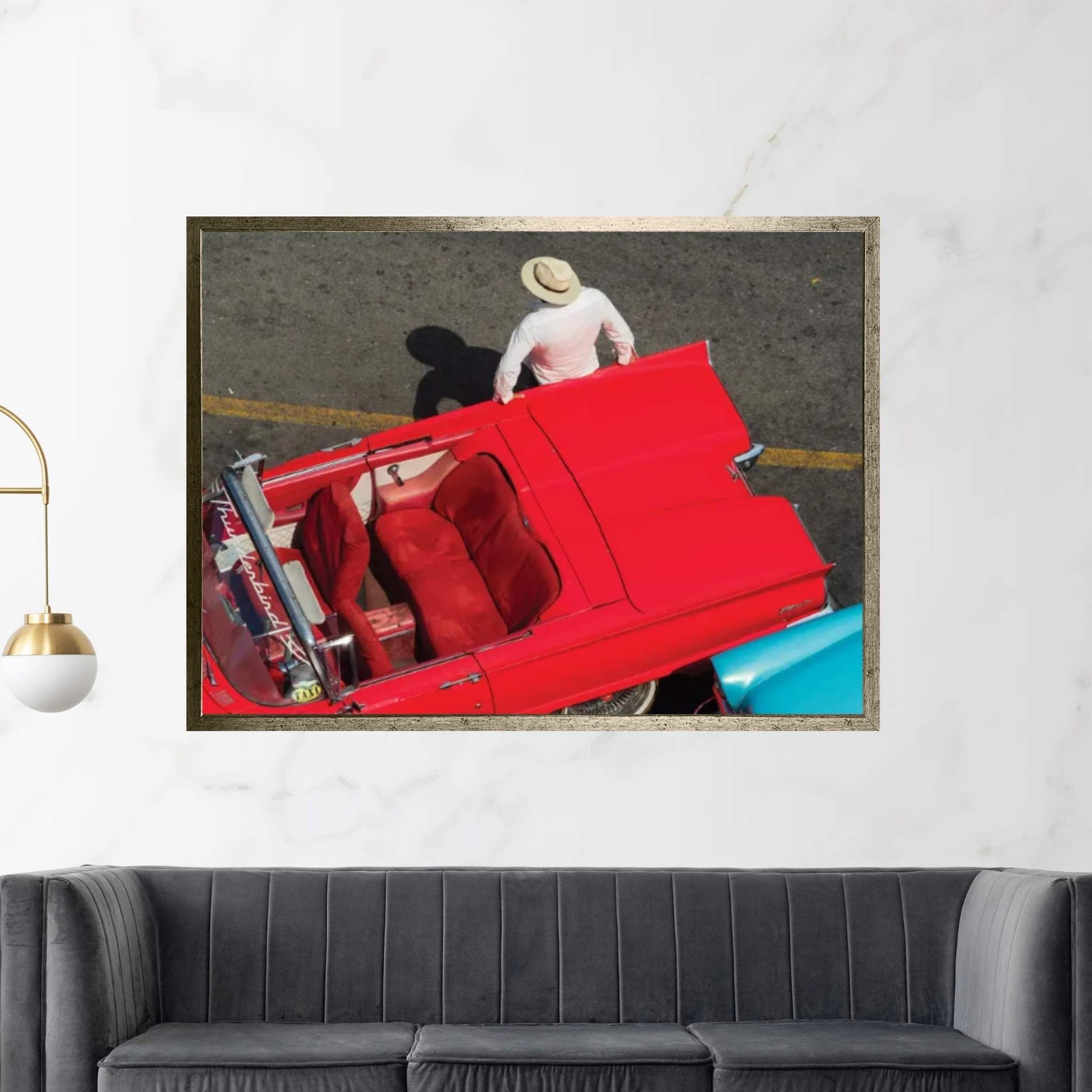 Cuba, Havana, Havana Vieja (Old Havana), red classic convertible and driver, viewed from above Canvas Wall Art - Y Canvas