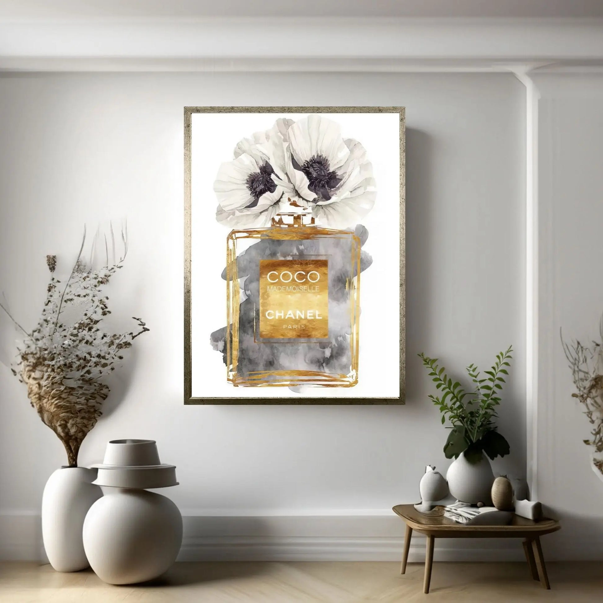 Perfume Bottle, Dark Gold With Dark Grey & White Poppy Canvas Wall Art - Y Canvas