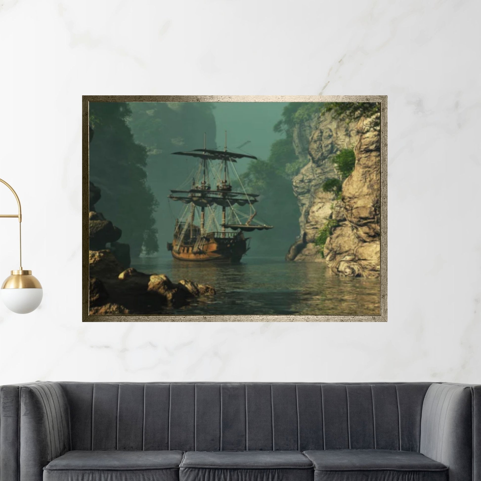 Sea Pirates Ship Canvas Wall Art, Pirates Canvas Wall Print, Corsair on Sea Wall Hangings, Dark Colours Boat Room Decor - Y Canvas