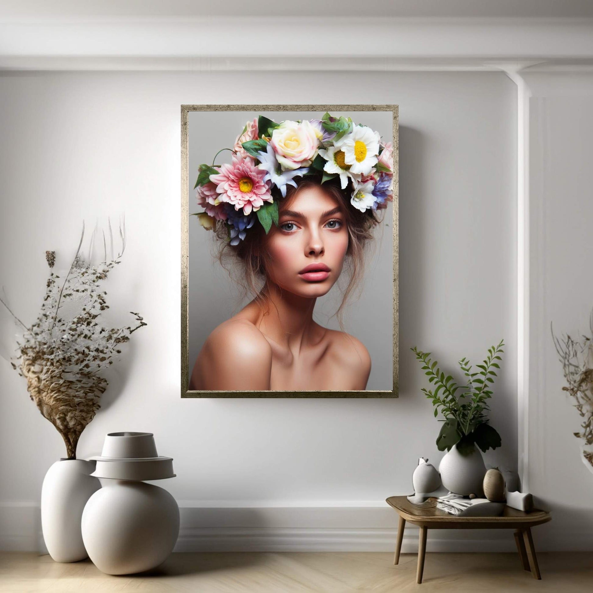 Woman Portrait Flower Head Canvas Wall Art - Y Canvas