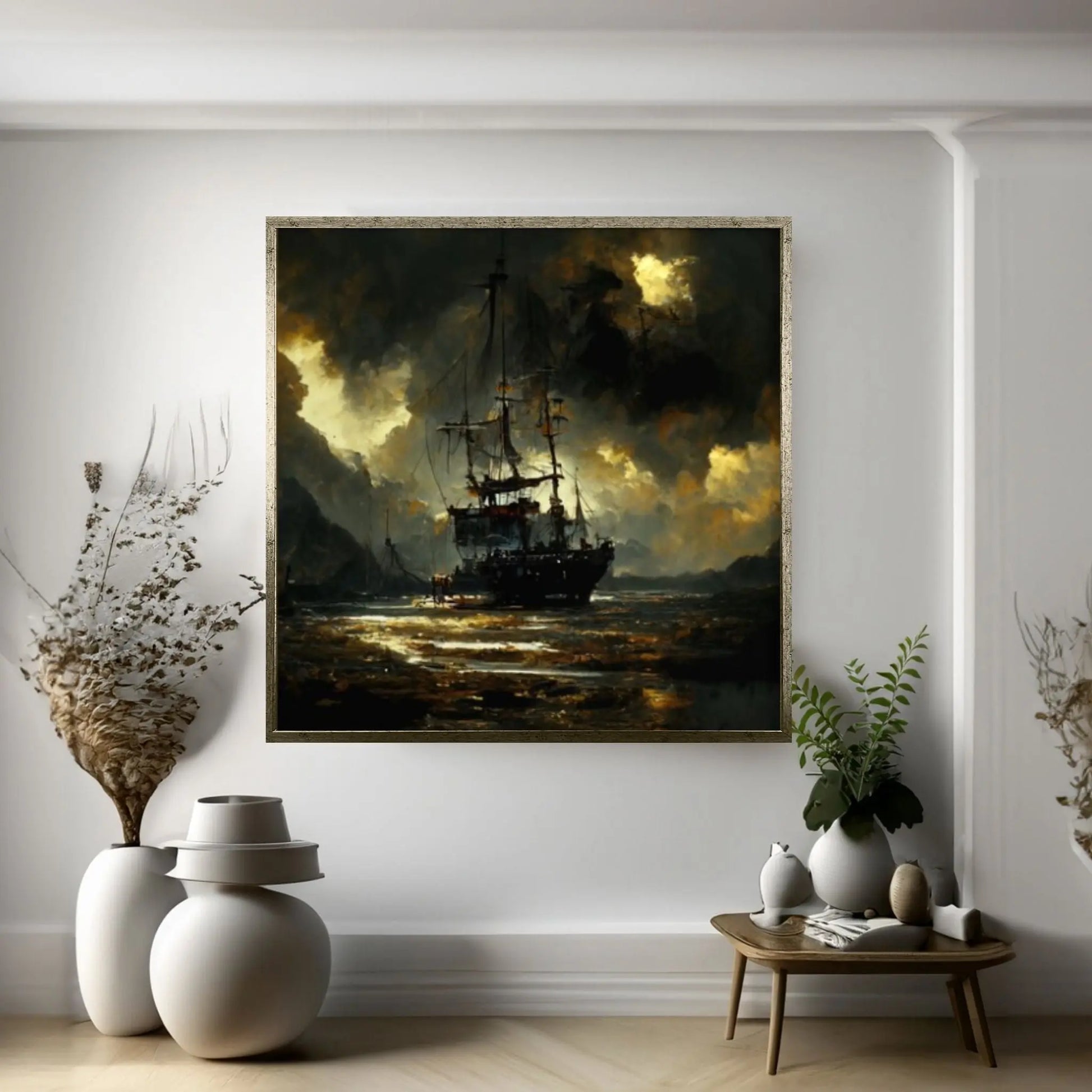 Large Dark Sea Pirates Ship Canvas Wall Art, Pirates Canvas Wall Print, Corsair on Sea Wall Hangings, Dark Colours Boat Room Decor - Y Canvas