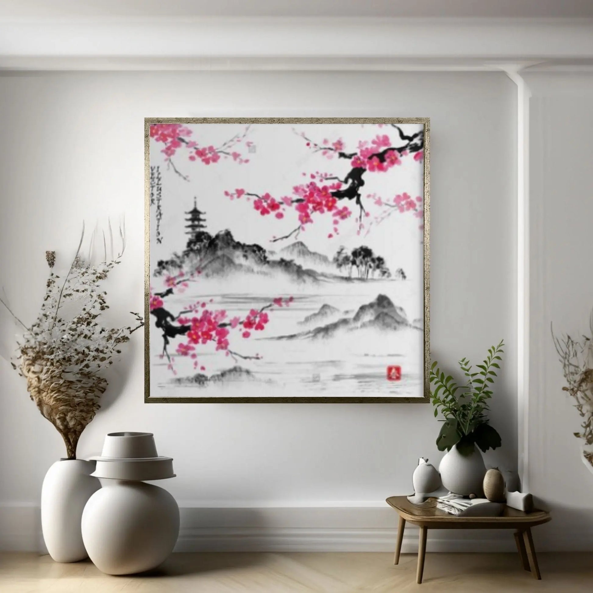 Japanese Landscape with sakura branches, Vector illustration. Hieroglyph Canvas Wall Art - Y Canvas