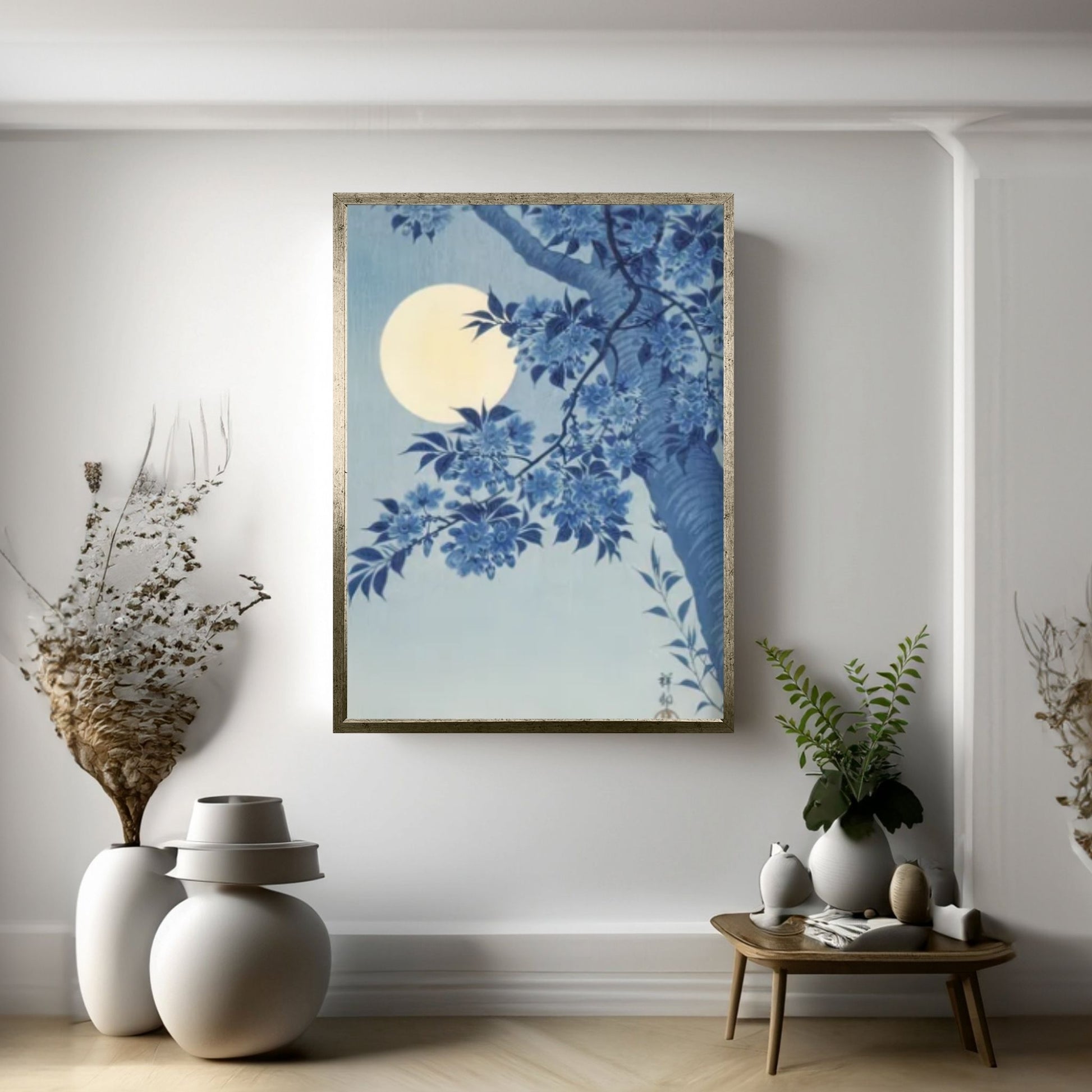 Blossoming Cherry on a Moonlit Night by Ohara Koson Canvas Wall Art, Antique Drawing Art - Y Canvas