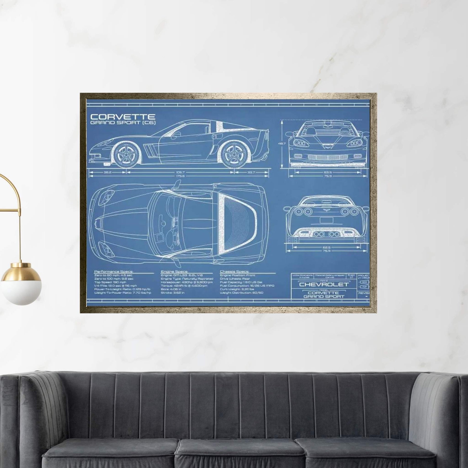 Corvette (C6) Grand Sport Blueprint Canvas Wall Art - Y Canvas