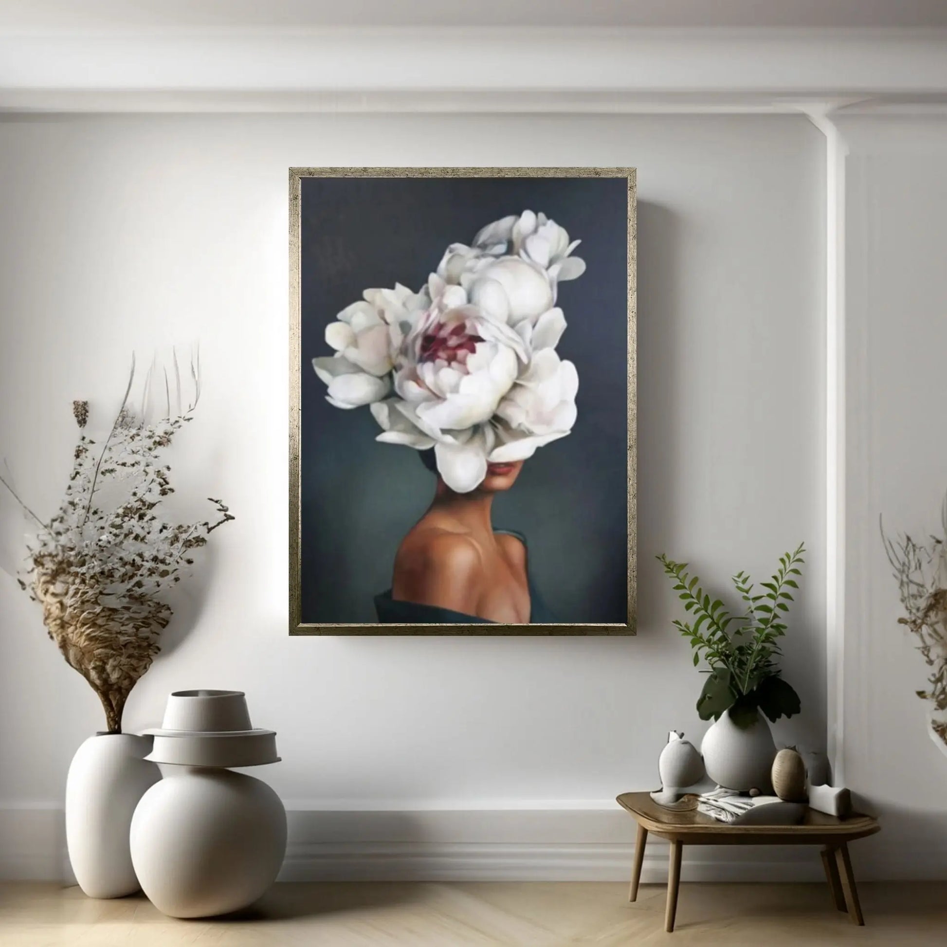 Flowers Feathers Woman With Flower Abstract Canvas Painting Wall Art Decorative Painting - Y Canvas