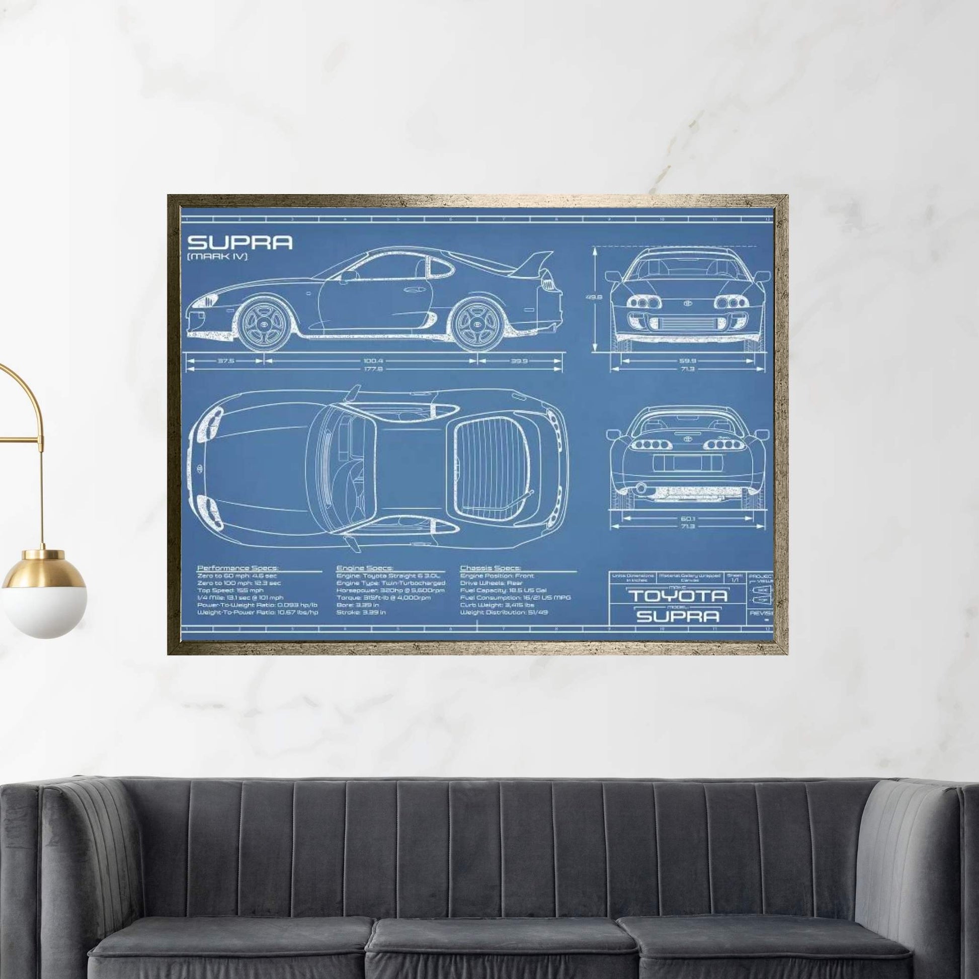 Toyota Supra MKIV Blueprint Canvas Wall Art - Y Canvas