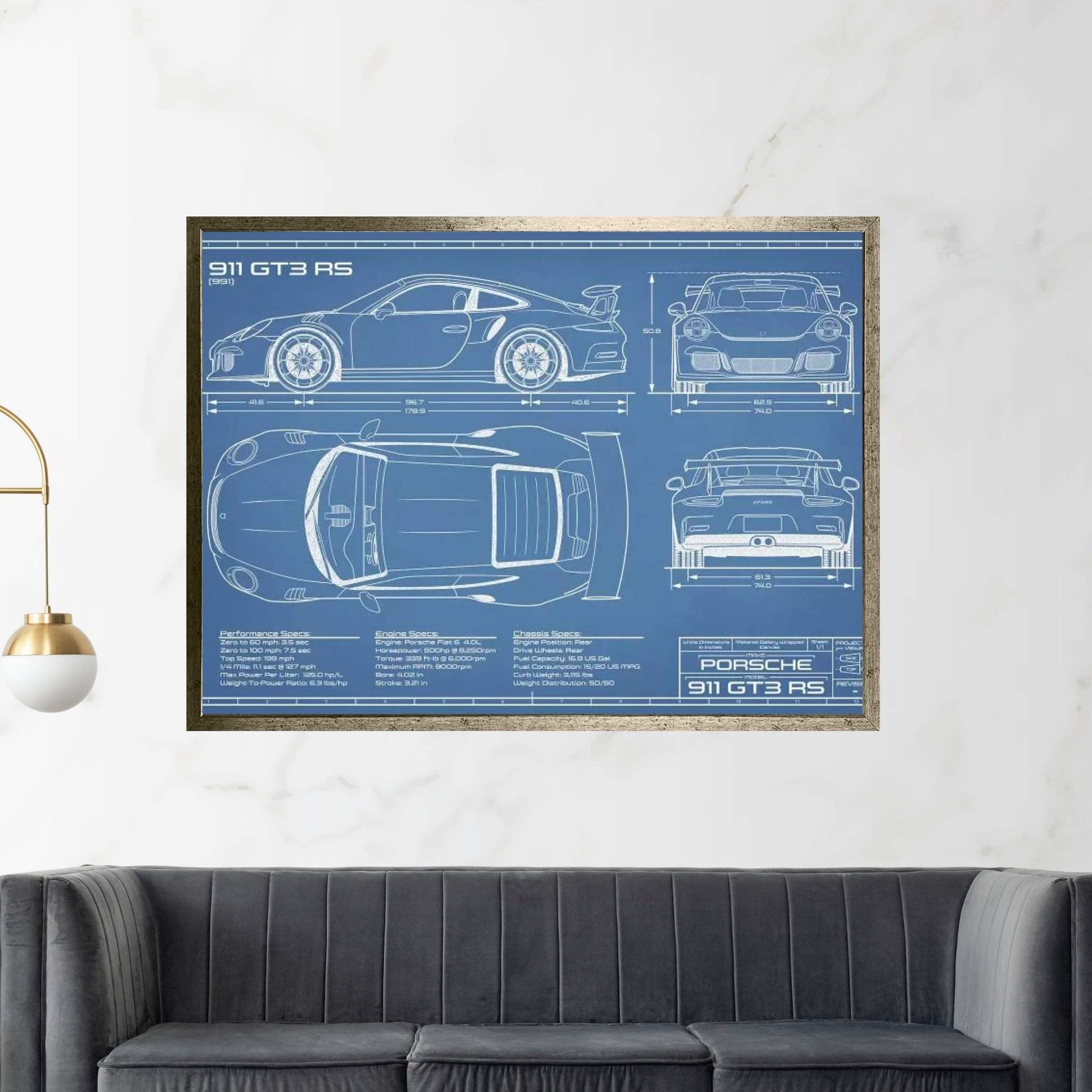 Porsche 911 GT3 RS (991) | Blueprint Canvas Wall Art - Y Canvas