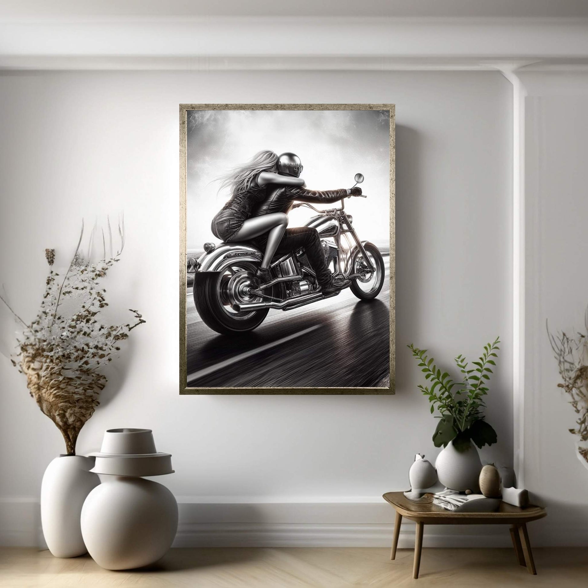 Metallic Couple Eiding A Motorcycle Canvas Wall Art - Y Canvas