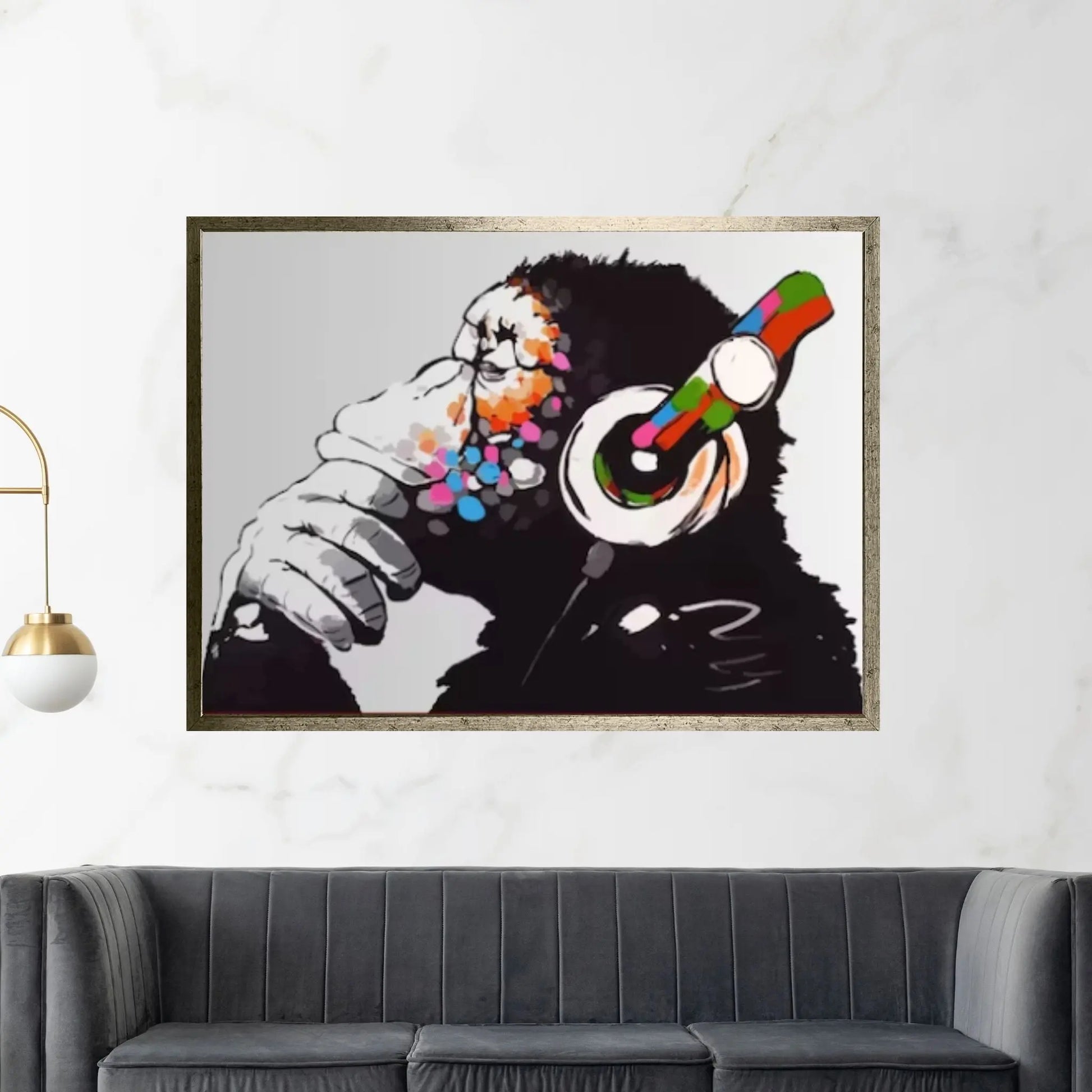 Monkey Headphones Canvas Wall Art, Thinking Monkey DJ, Banksy Monkey - Y Canvas