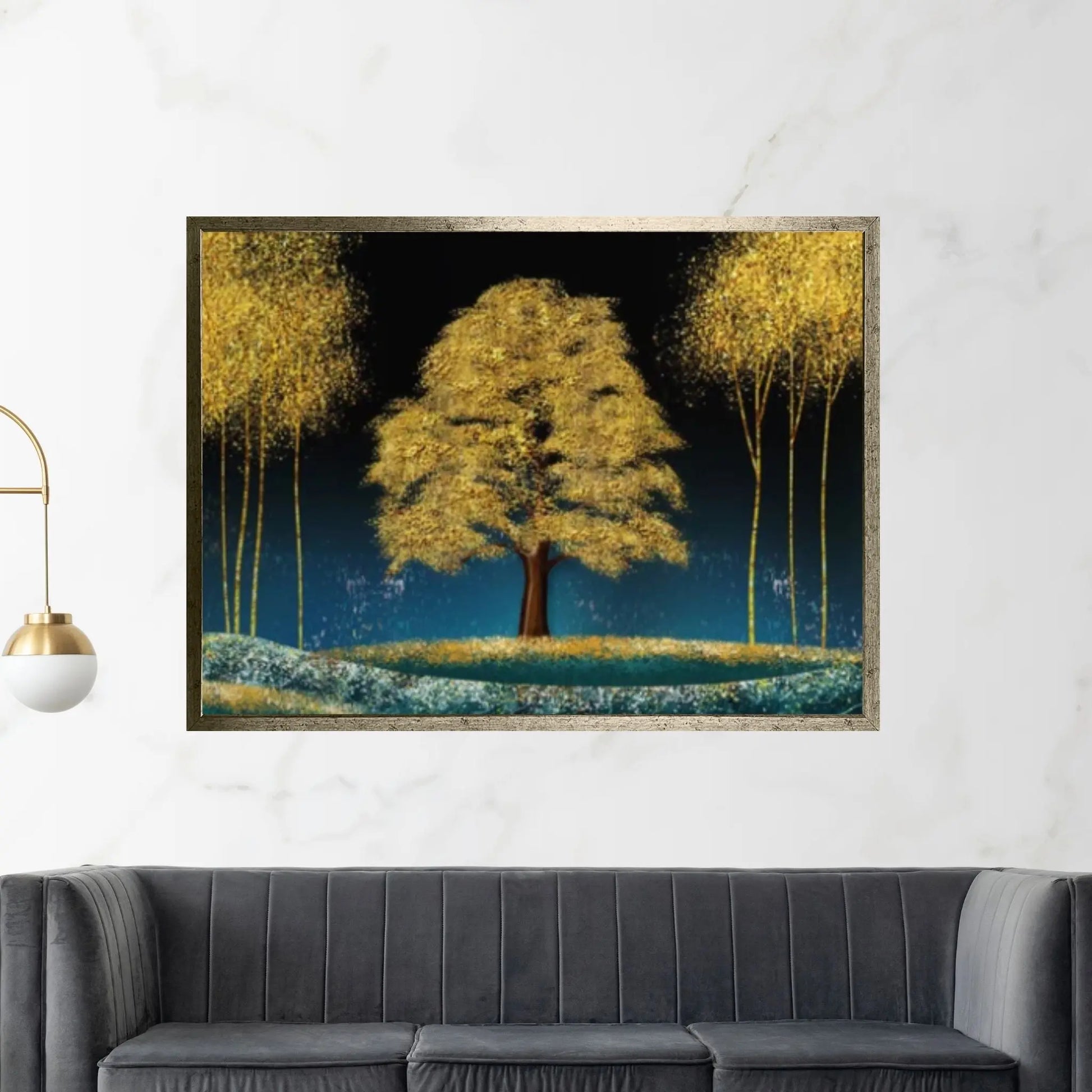 3d modern canvas wall art print poster art mural wallpaper landscape moon, golden christmas trees - Y Canvas