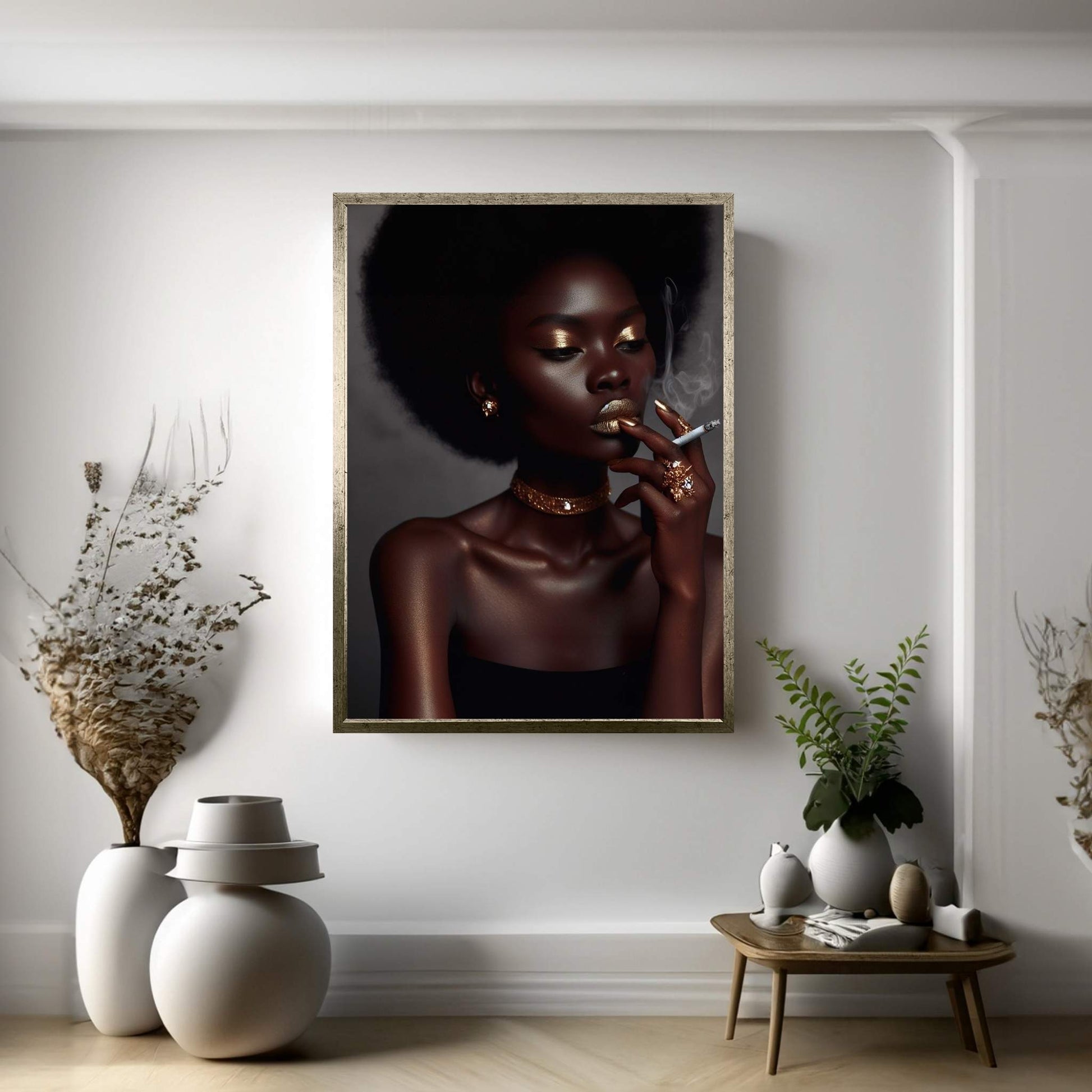 African Black Woman Gold Make-up Smoke Canvas Portrait Canvas Wall Art - Y Canvas