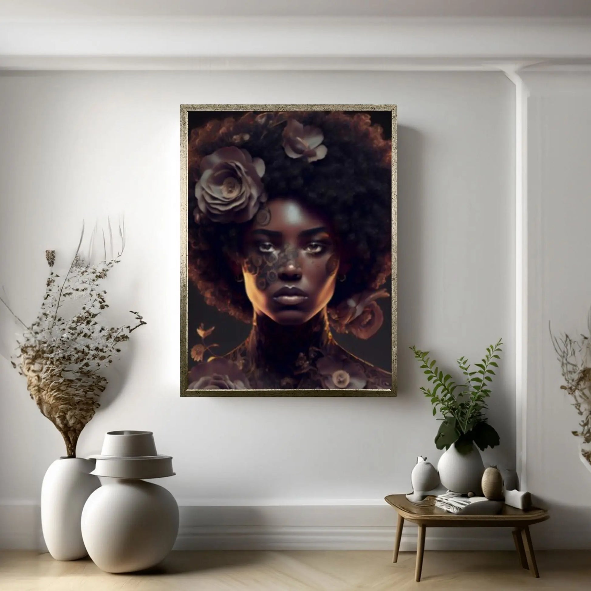 Black woman head flowers Canvas wall art, Black art, Black girl print, flower woman painting, Girl Flowers Poster - Y Canvas