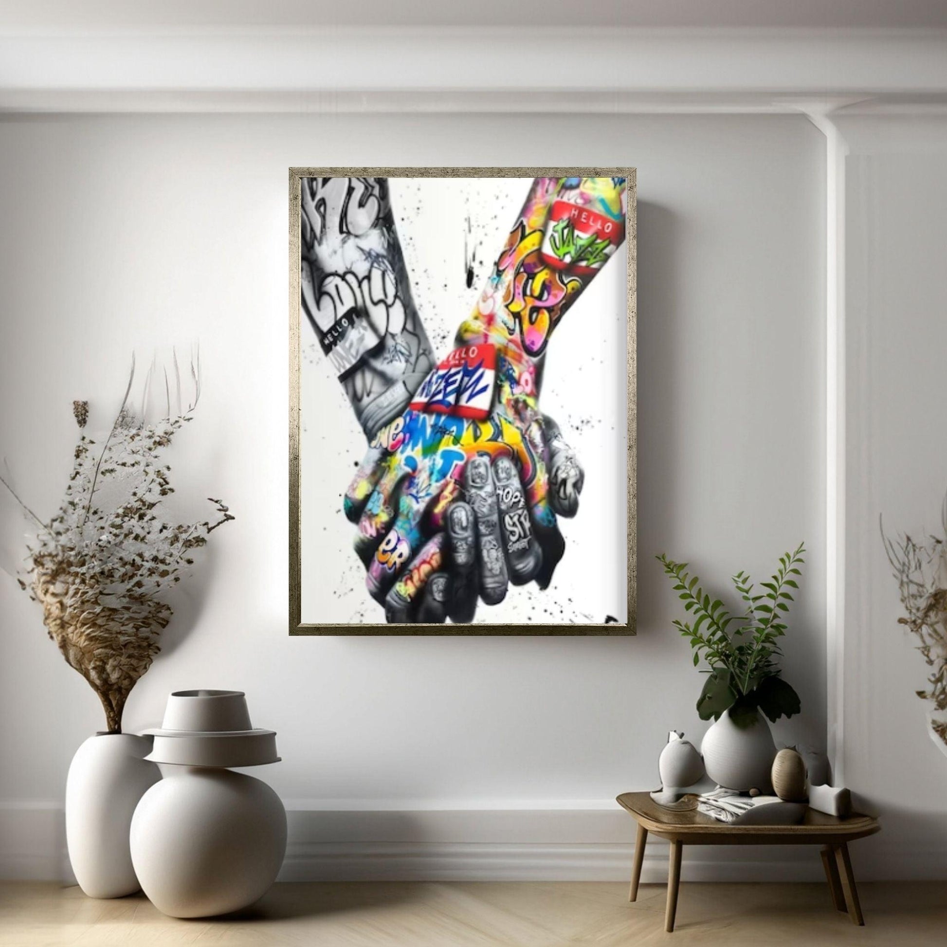 Street Art Hands Banksy Canvas Wall Art Decor Frame Option, Holding Hands Poster, Hands Print Wall Art Banksy Graffiti Art - Y Canvas