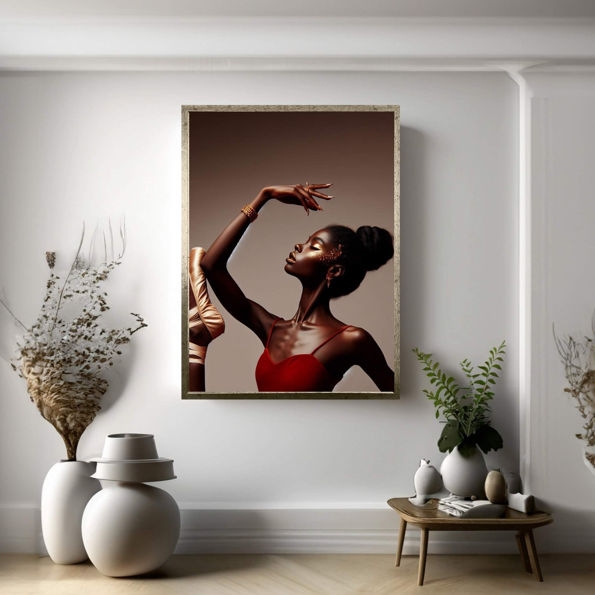 African Black Woman Ballerina in Red Dress Canvas Wall Art Home Decor - Y Canvas