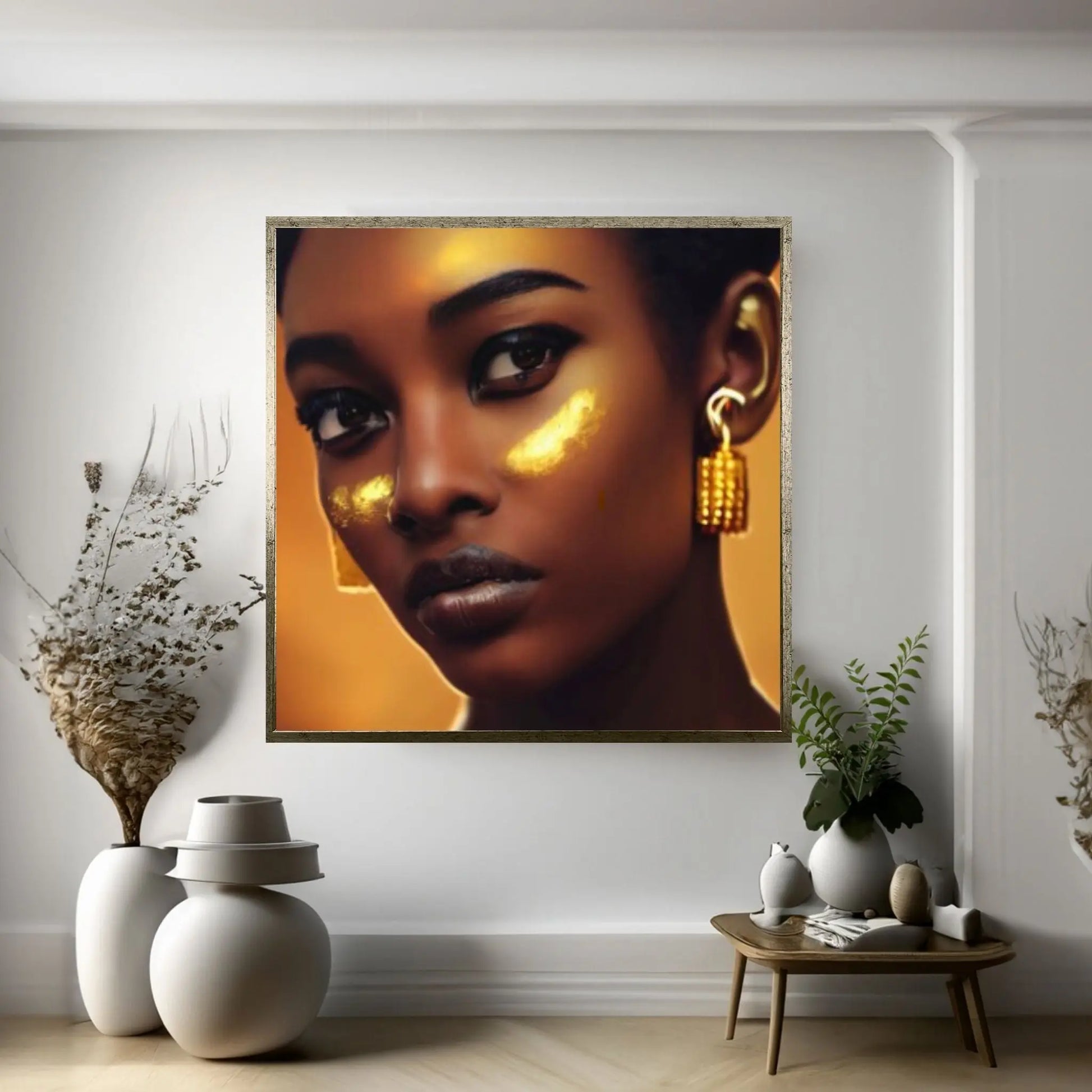 African Afro Canvas, African Woman Canvas, Gold Lip Art, Abstract Art Canvas, Ethnic Artwork, Black Woman Printed, African Gold Lip Printed - Y Canvas