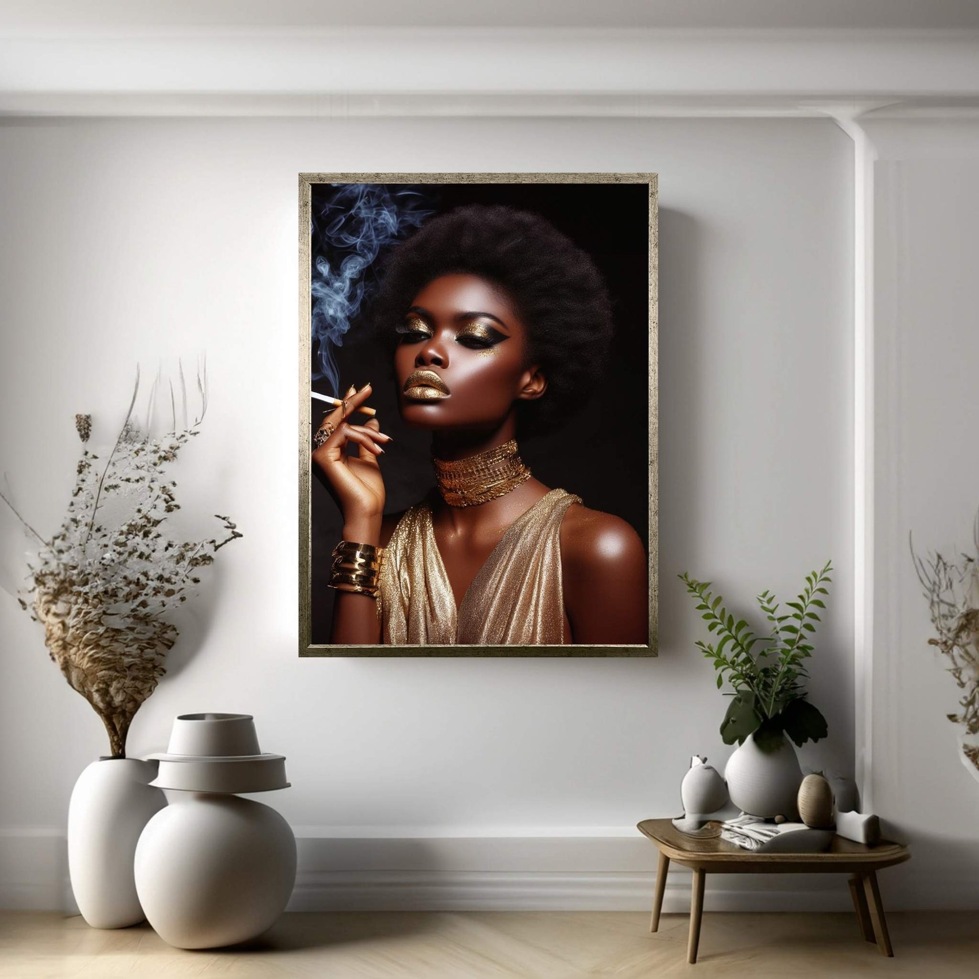 African Black Woman Gold Make-up Smoke Canvas Portrait Canvas Wall Art - Y Canvas