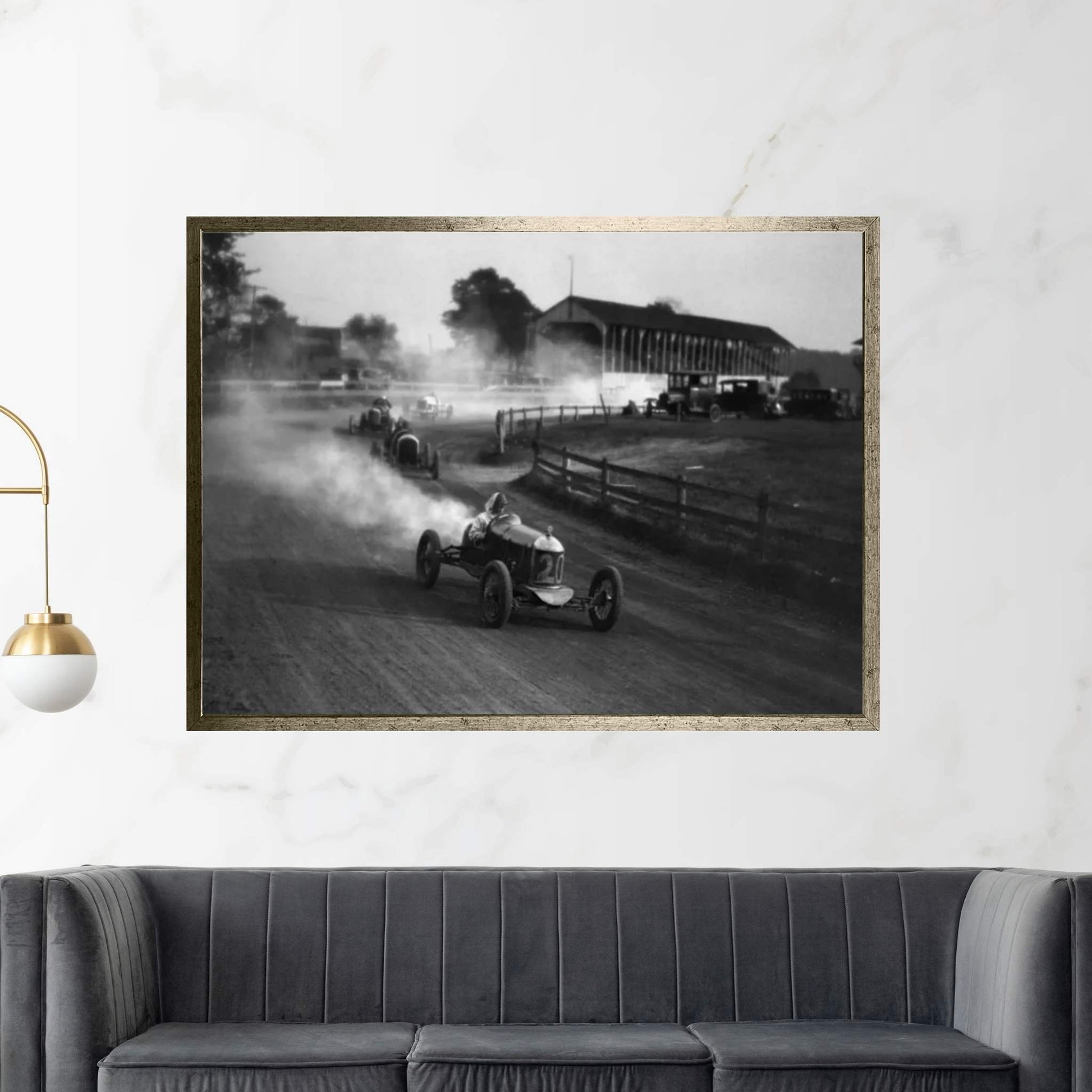 1930s Auto Race On Dirt Track With Cars Going Around Turn Kicking Up Dust Canvas Wall Art - Y Canvas