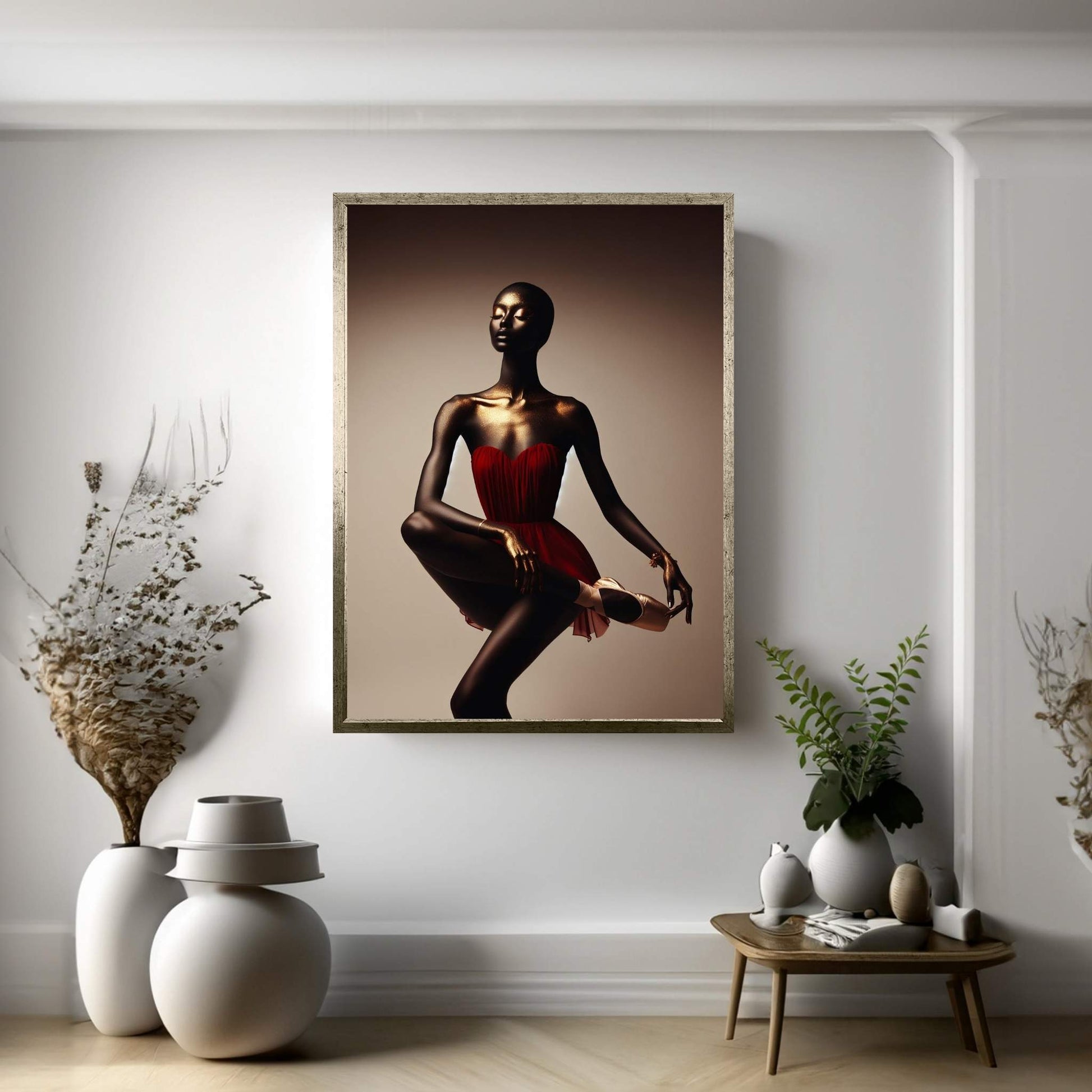 African Black Woman Ballerina in Red Dress Canvas Wall Art Home Decor - Y Canvas