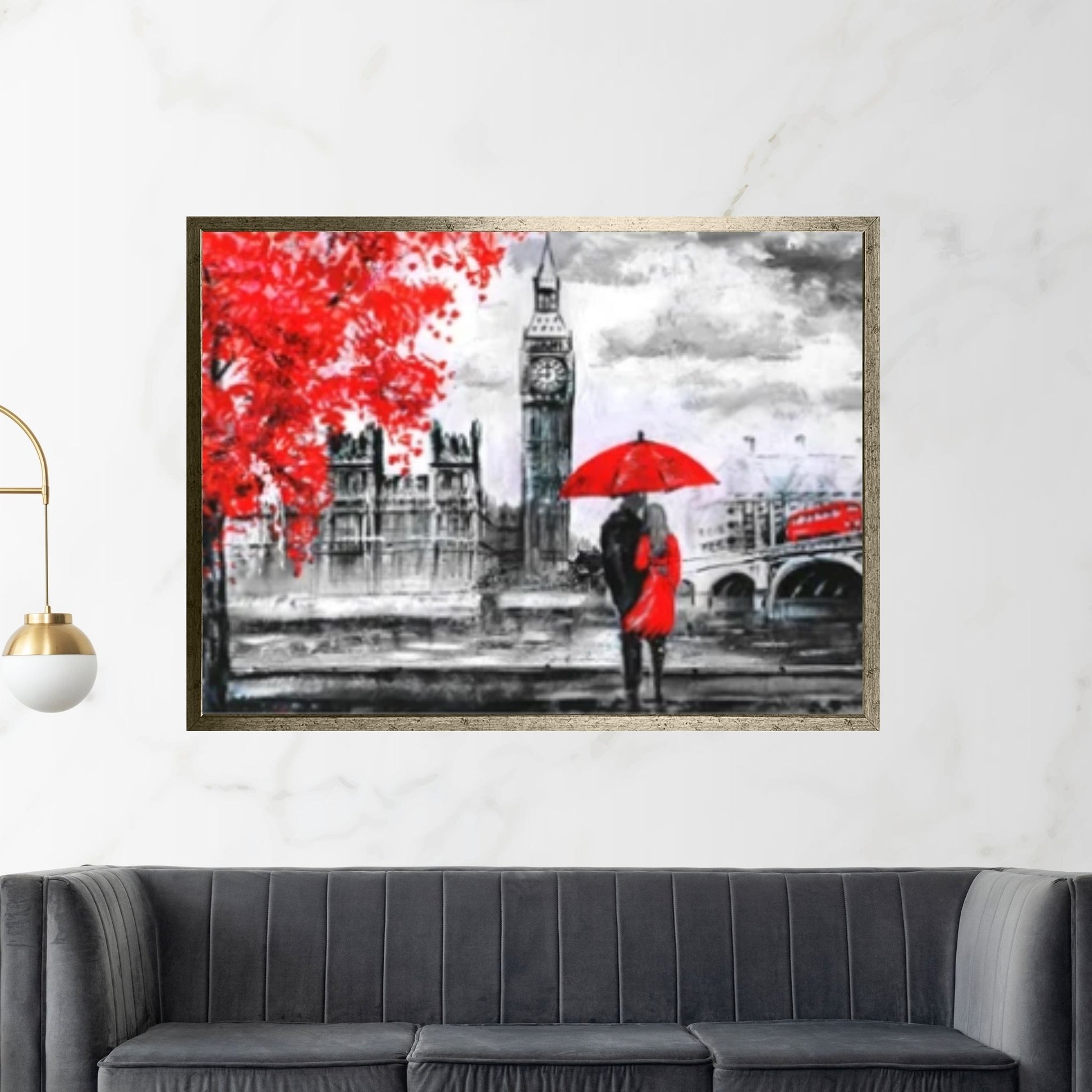 England Bridge illustration Man and woman under red umbrella photo, London street Oil painting - Y Canvas