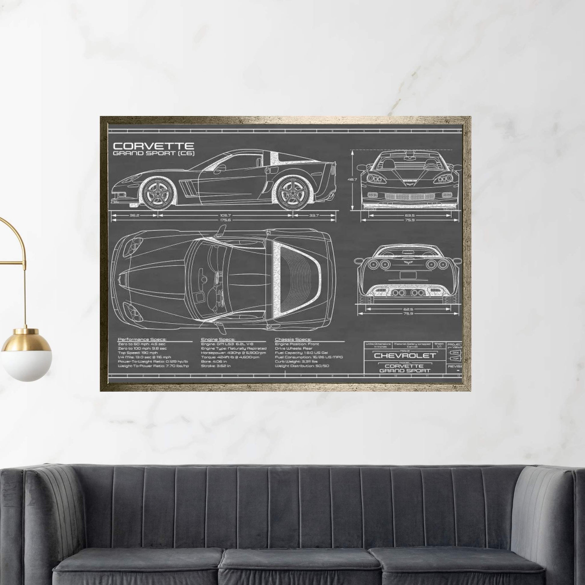 Corvette (C6) Grand Sport Black Canvas Wall Art - Y Canvas