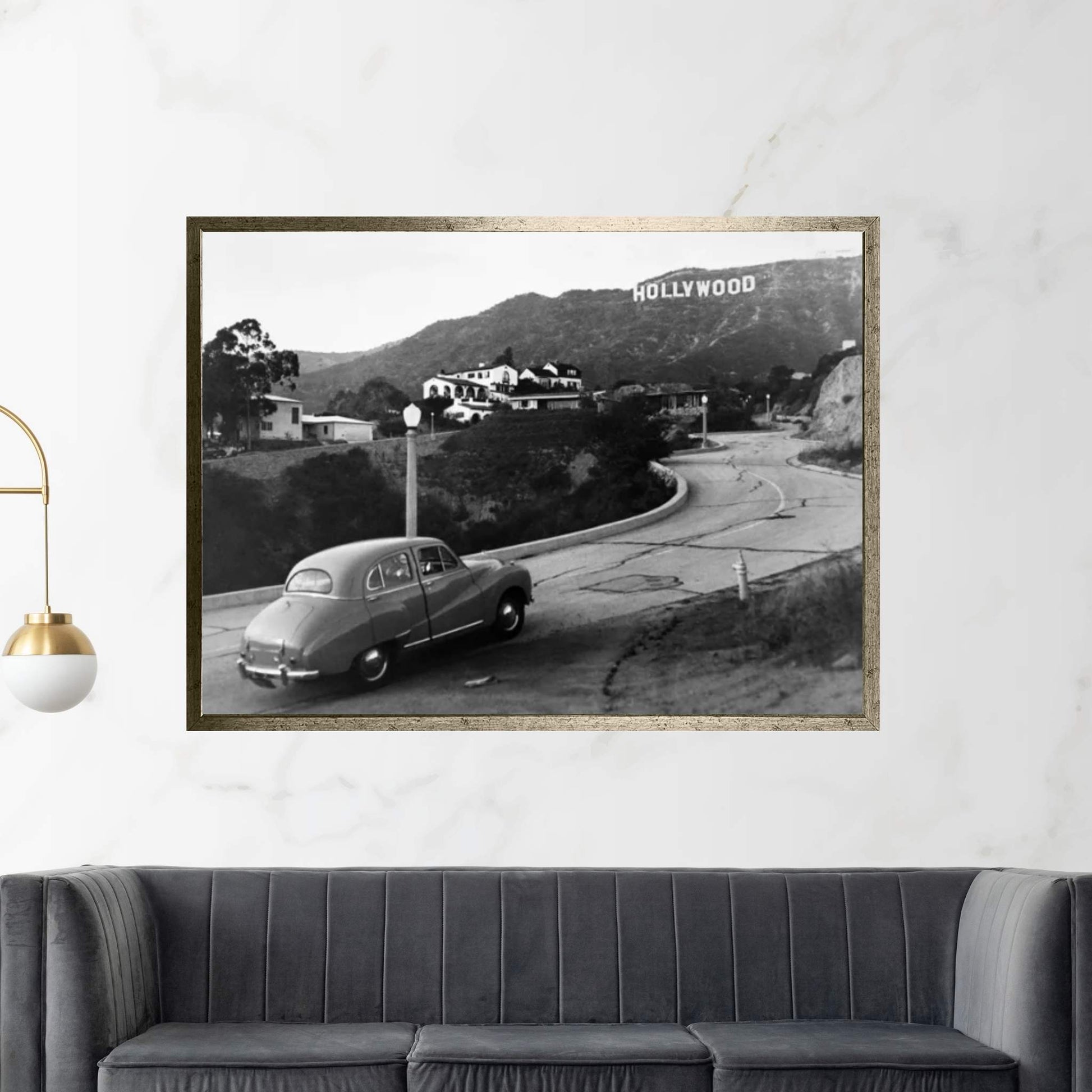 1950s Austin Car Driving Up The Hollywood Hills With Hollywood Sign In Distance Los Angeles Ca USA Canvas Wall Art - Y Canvas