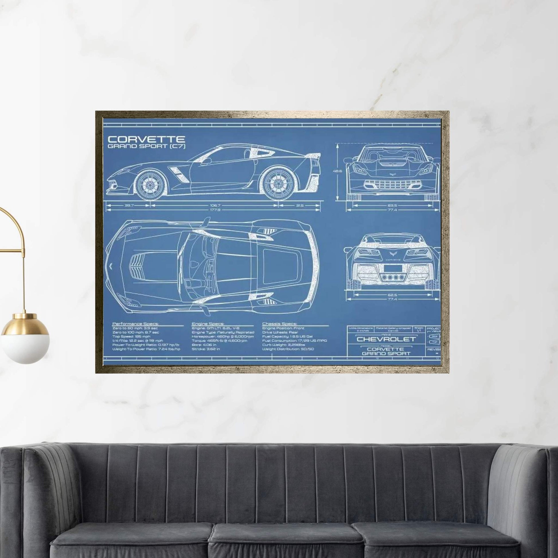 Corvette (C7) Grand Sport Blueprint Canvas Wall Art - Y Canvas