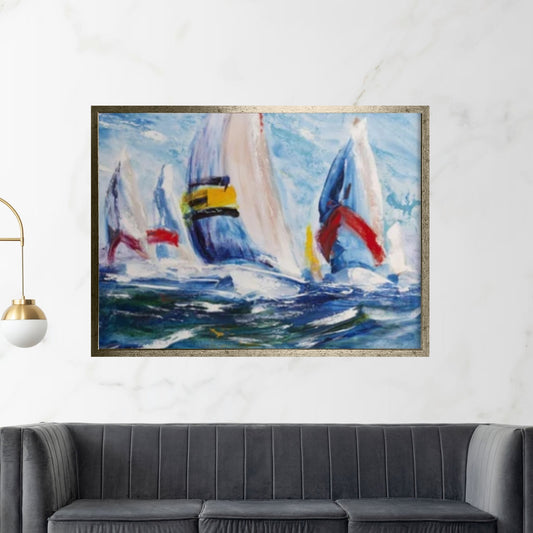 Large Sailboat Party Print Painting On Canvas, Oil Effect Colorful Living Room Wall Art - Y Canvas